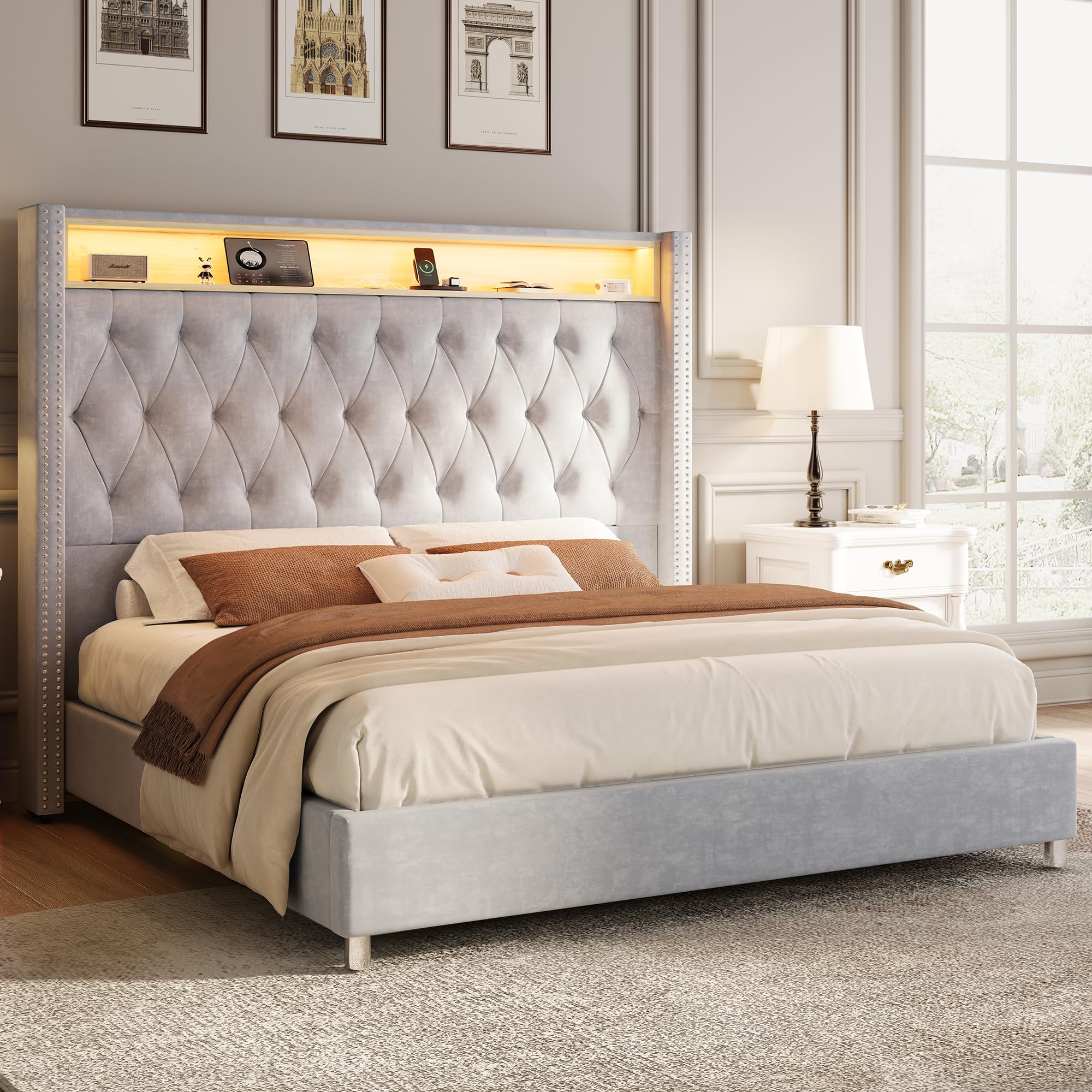 Jocisland Queen Velvet Wingback Platform Bed