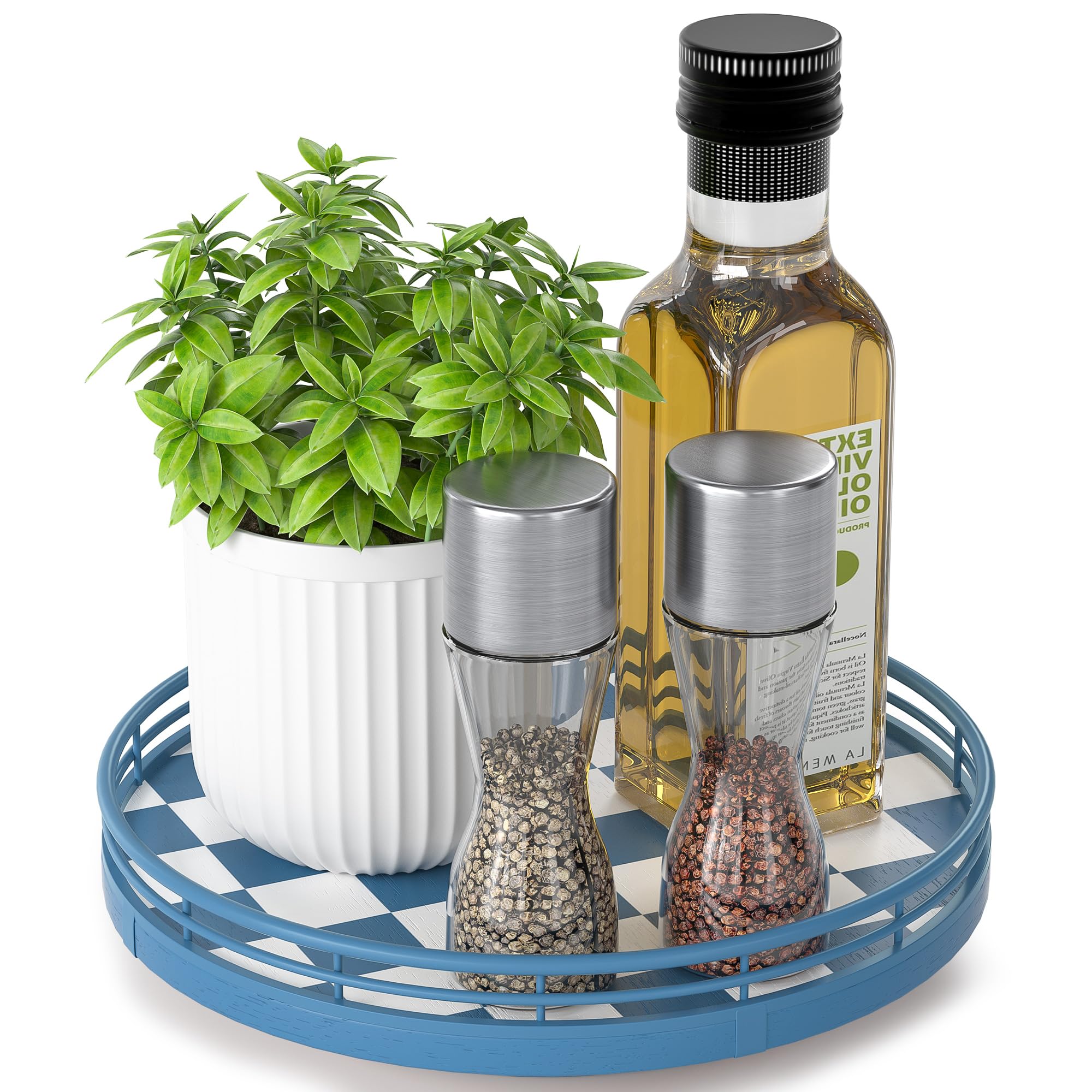 Blue and White Checkerboard Lazy Susan with Rubberwood Base and Metal Rail