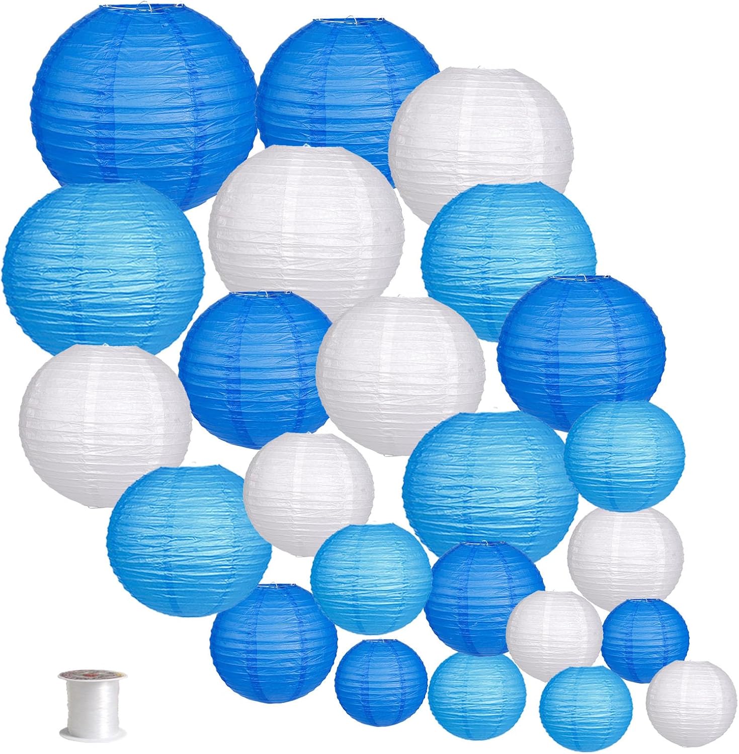 24pcs Hanging Round Paper Lanterns for Wedding Birthday Party Baby Showers Decoration Blue/White