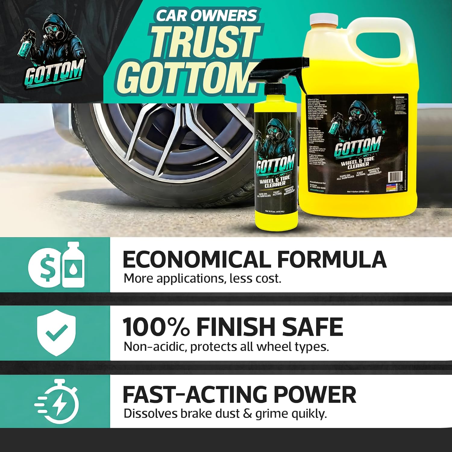 Gottom Wheel & Tire Cleaner - 128 oz – Professional Concentrated Rim & Tire Spray, Fast Acting Brake Dust Remover, Safe for All Surfaces, Brake Dust Cleaner, Grime Remover
