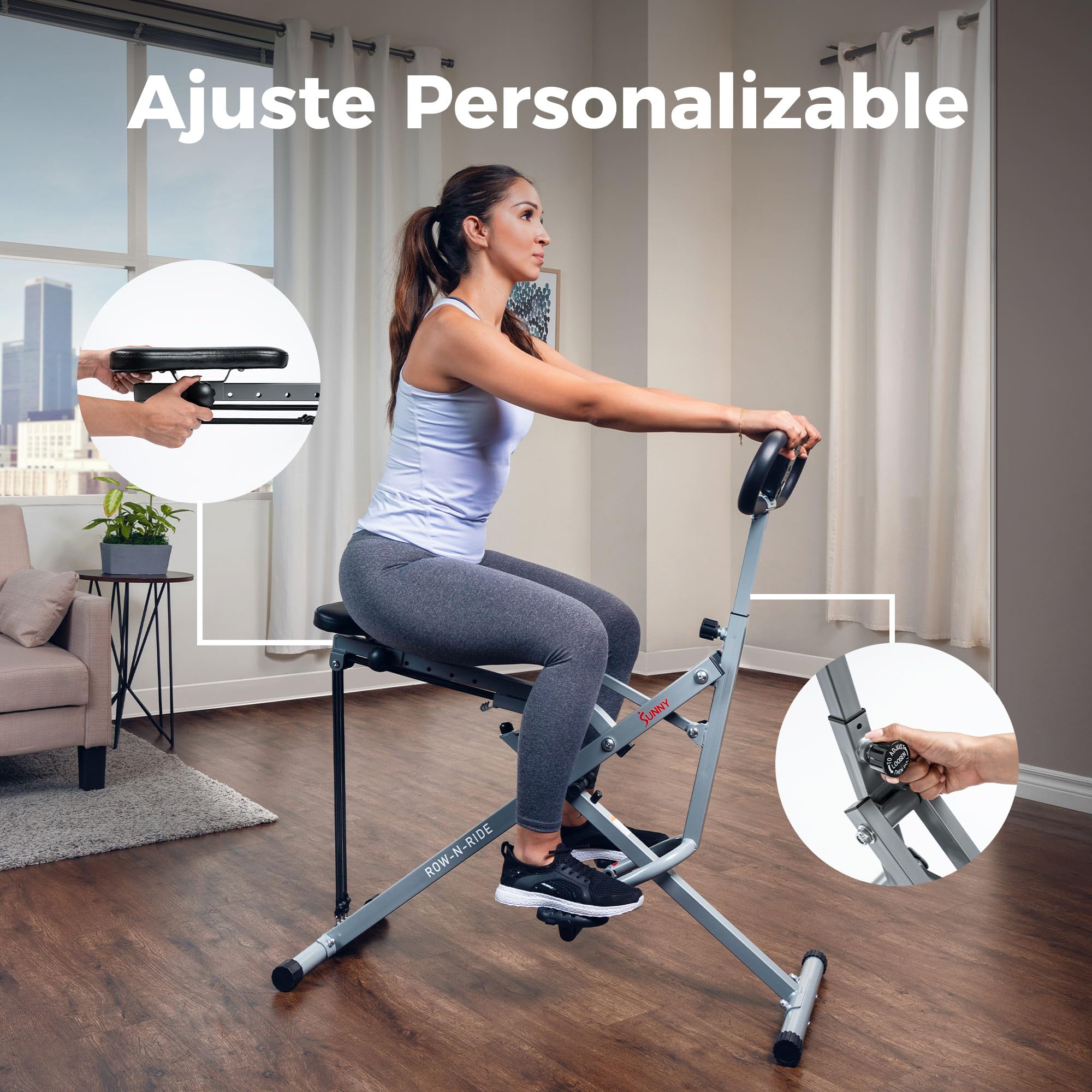 Sunny Health & Fitness Inteligente Row-N-Ride Máquina Plegable | Entrenador de Glúteos y Piernas, 3 Ángulos de Sentadilla, 4-Niveles de Resistencia, App SunnyFit, 150 kg Capacidad