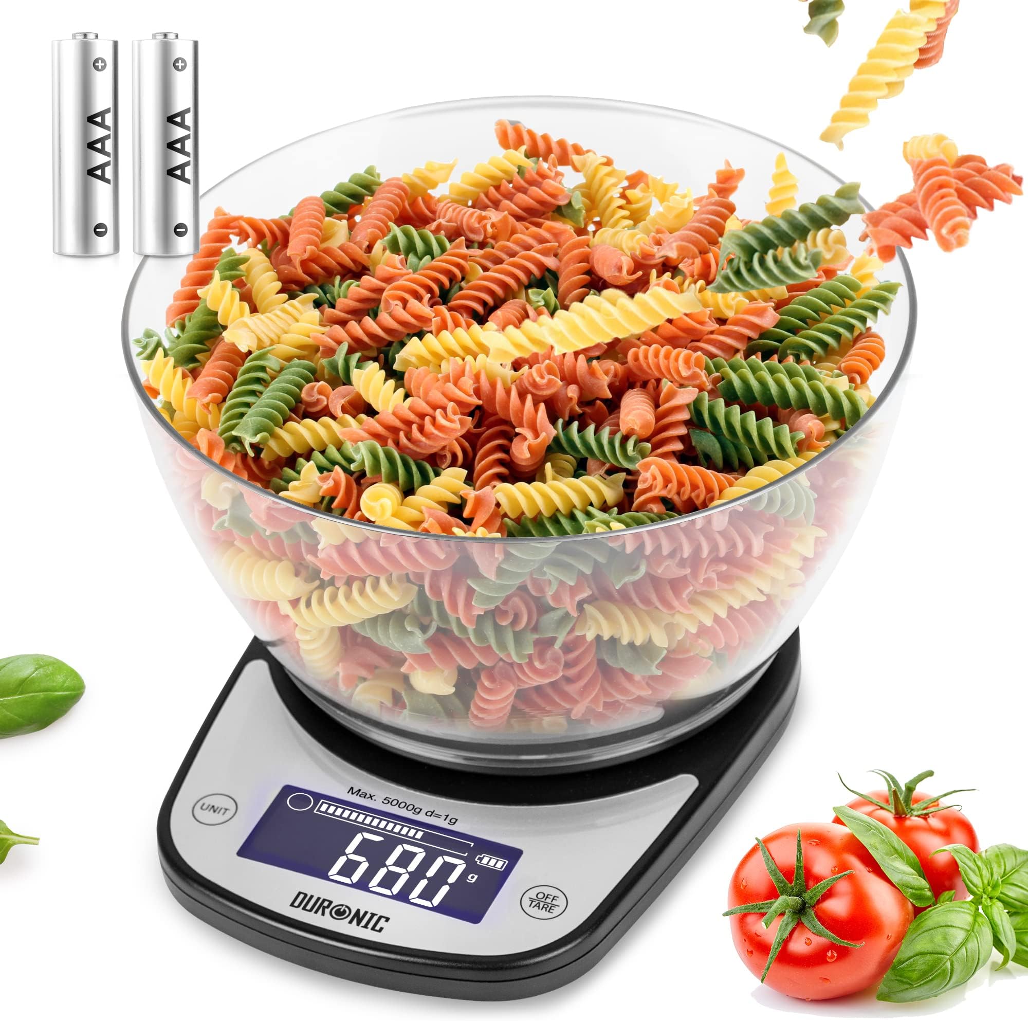Duronic Digital Kitchen Scales KS5000 BK/CR Electronic Kitchen Scale with Bowl Weighing Measuring Baking Scale for Office School Cooking Baking Mail Pet Food Measurement Weight Scale, Tare LCD Display