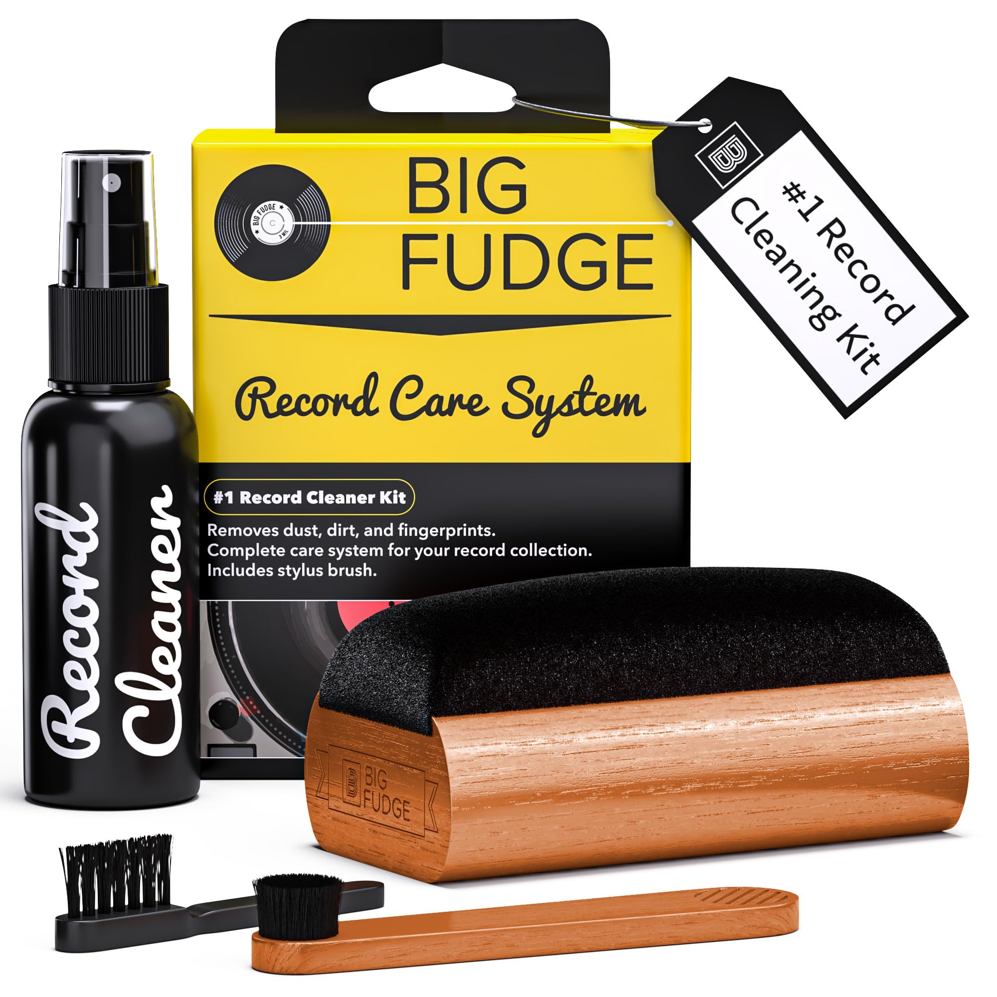 Big Fudge Vinyl Record Cleaning Kit - 4-in-1 Record Cleaner Solution - Includes Ultra-Soft Velvet Record Brush, Cleaning Liquid, Stylus Brush and Storage Pouch