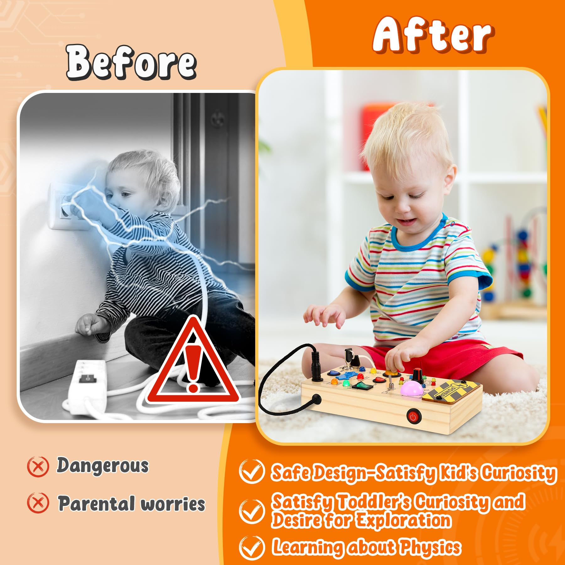 TenFans Wooden Montessori Busy Board With LED Light Switch And Screwdriver Tools - Sensory Toy For Toddlers 3 Year Old Boys - Travel Activity And On