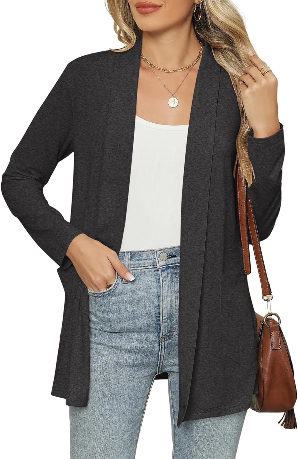 Micoson Cardigan Lungo Donna Aperto – Maniche Lunghe, Leggero Con Tasche, Casual, Nero