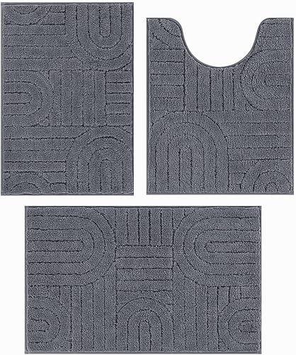Miniatura 9 de Vaukki Juego de 3 tapetes de baño, antideslizantes, lavables, absorbentes con alfombra de inodoro en forma de U, tapetes de baño de microfibra para