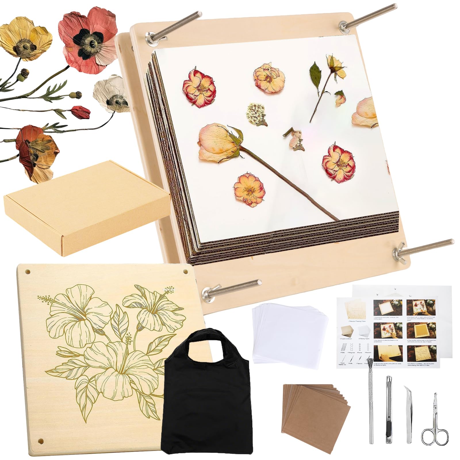 Large Flower Press Kit, 10 Layers 11x11 inch (28x28cm) Wooden Flower Pressing Kit with Storage Bag
