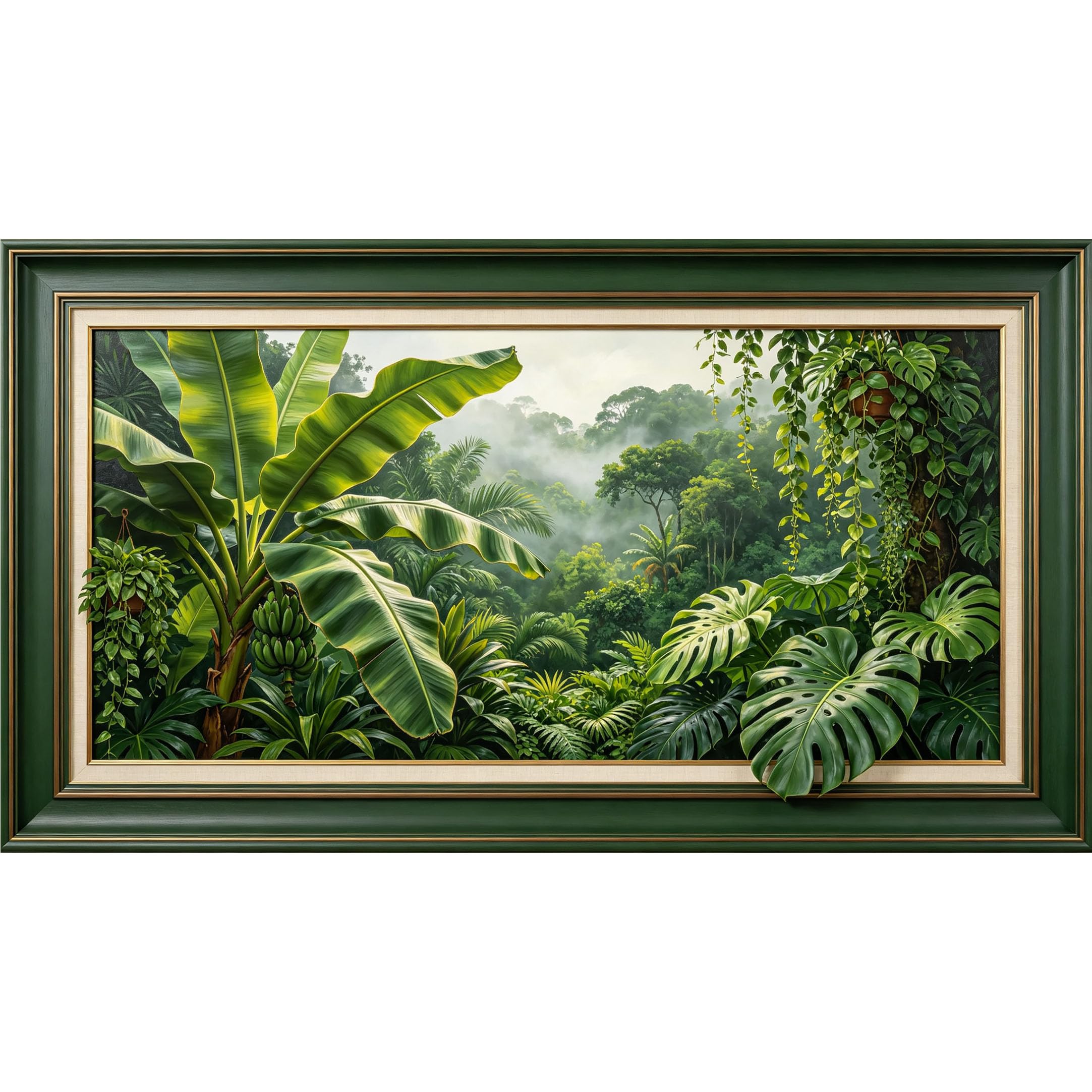 QZLITHOTIC 50x90cm3D Framed Wall Art， Tropical Jungle Rainforest Banana Leaf Botanical Self‑Adhesive Mural， Water‑Activated Peel & Stick Fabric Decor Wall Decal for Bedroom Living Room