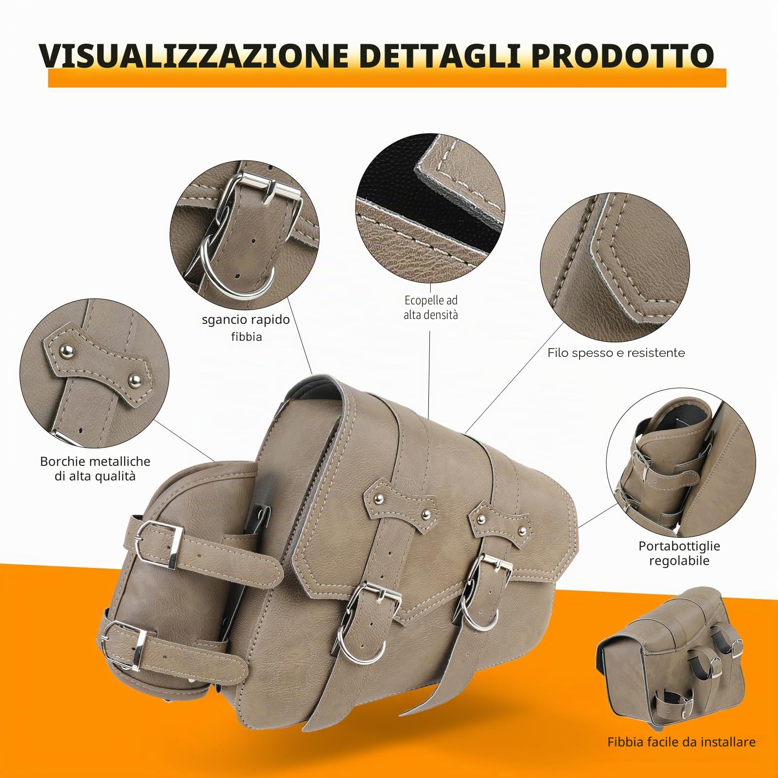 DREAMIZER Borse Moto Laterali in Pelle Sintetica Borsa da Sella Universale con tasca per Borraccia Accessori per Moto Impermeabili Compatibile con Harley Honda Kawasaki Suzuki Yamaha