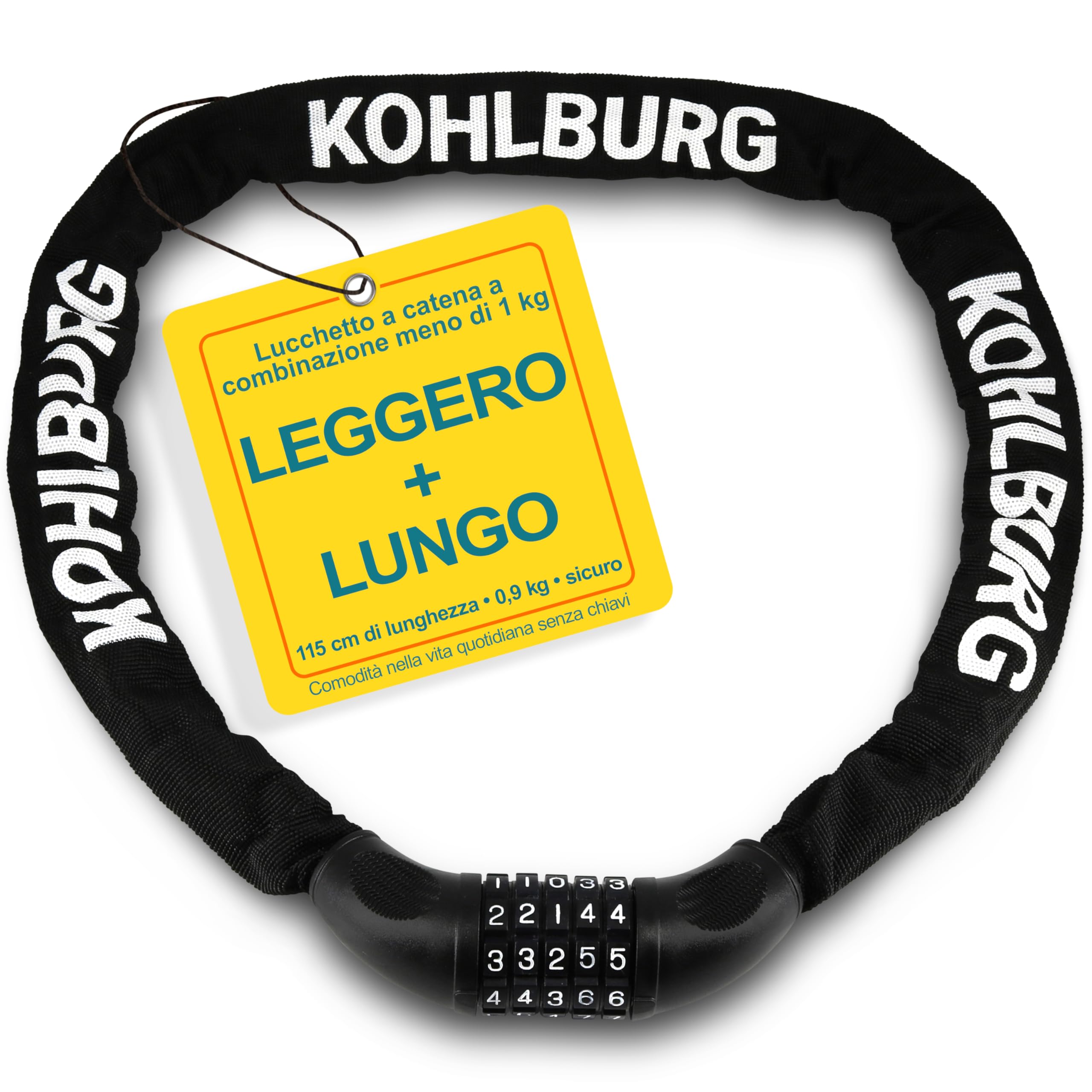 KOHLBURG lucchetto a combinazione molto lungo, 115 cm di lunghezza e 6 mm di spessore con codice numerico - lucchetto a catena con combinazione numerica - lucchetto di sicurezza per bicicletta