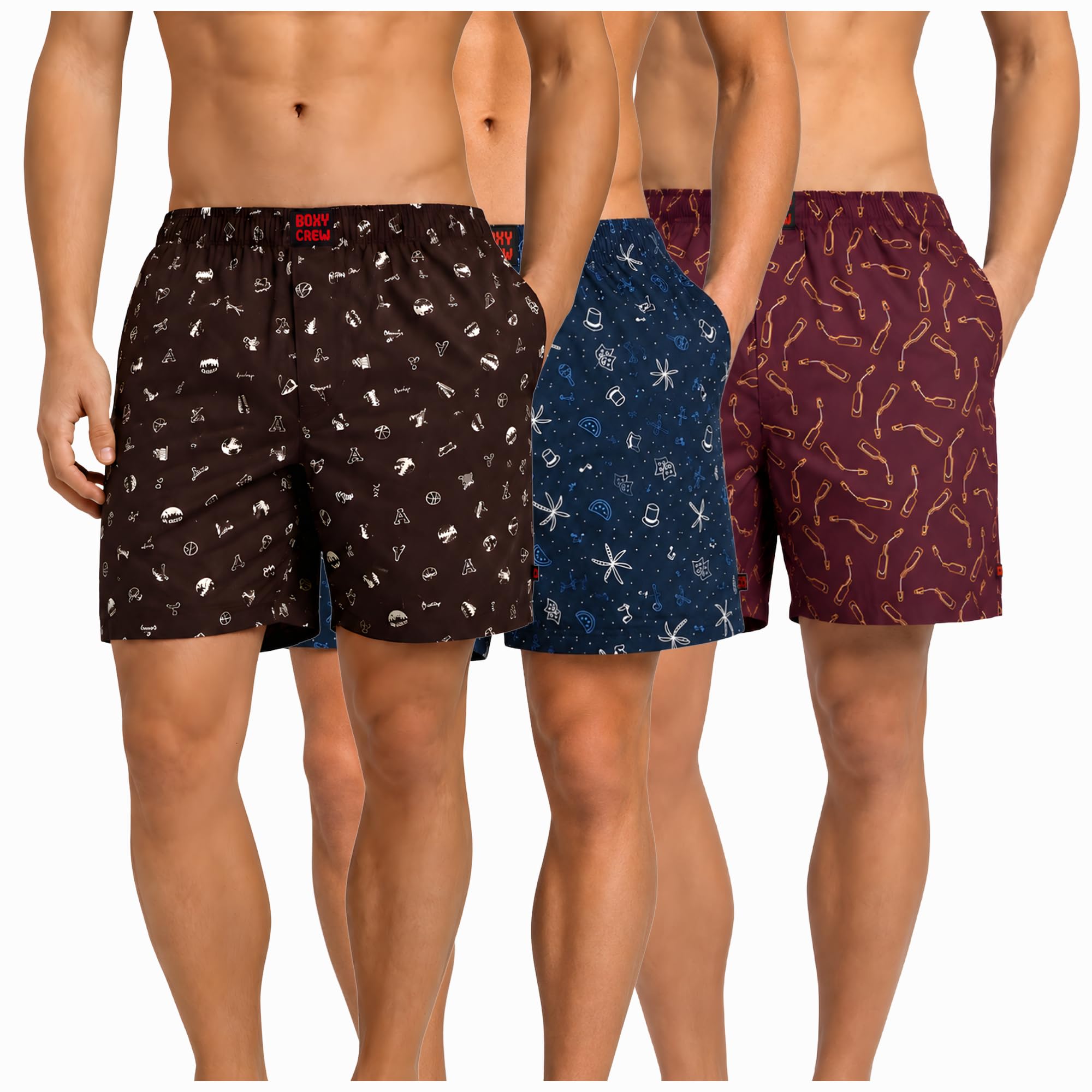 Men's 100% Cotton Boxer Shorts Pack of 3, Brown, Navy Blue & Maroon | Woven Boxers with Side Pockets, No-Marks Elastic Waistband, Breathable Relaxed Fit | Style 005-007-014-image-34