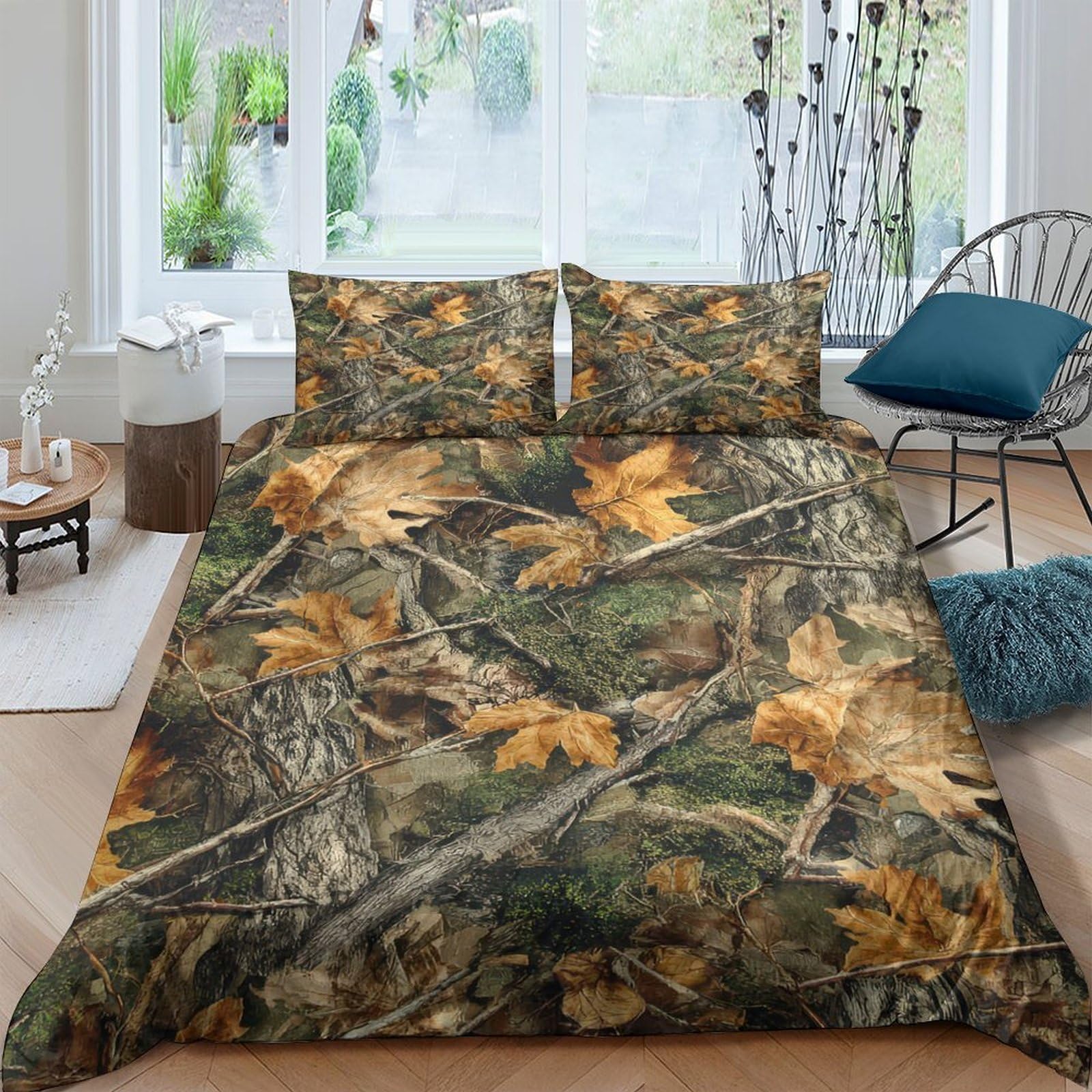 TUFRTGYHN 3D Printed Forest Camouflage Duvet Cover Set Microfiber Breathable Woodland Leaves Bedding with 2 Pillowcases for Bedroom Home Single（135x200cm）