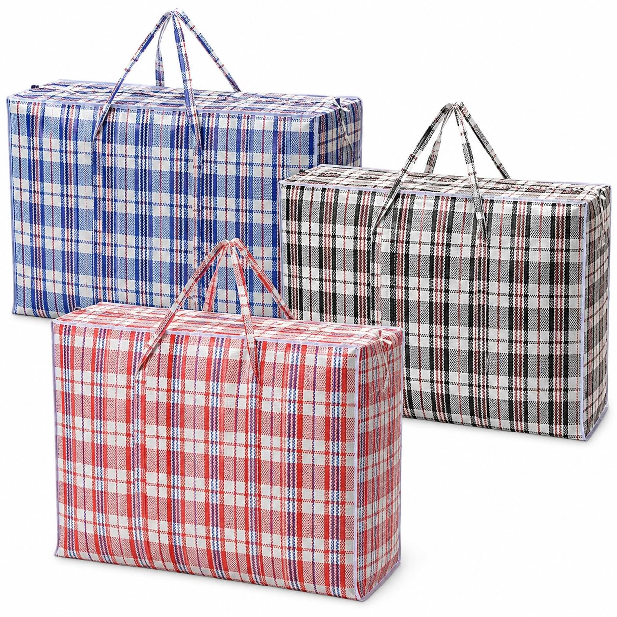 1ABOVE Confezione da 3 sacchetti jumbo resistenti per biancheria, shopping, stoccaggio, riutilizzabili, in tessuto, traslochi, impermeabili, con manici e cerniera, 70 x 60 x 28 cm