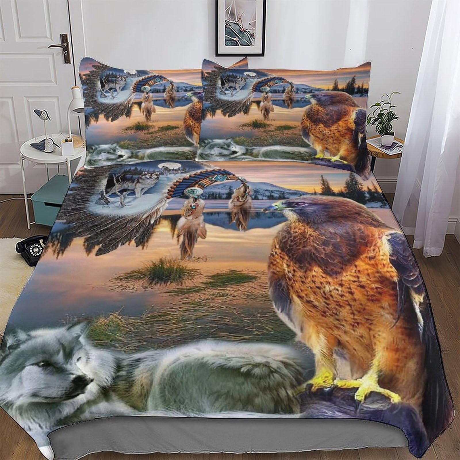 Housse de couette loup anti-plis en microfibre douce pour grand lit enfant king 220x240