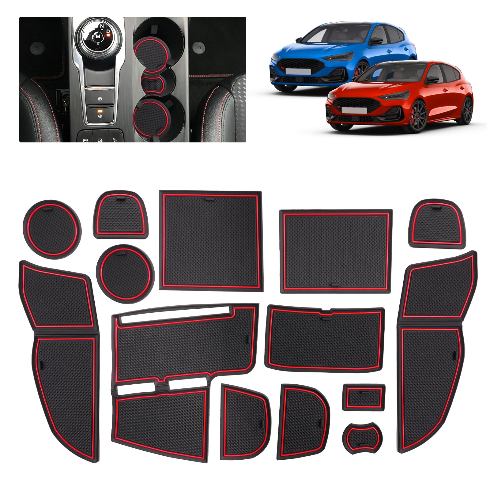 Tapis Antidérapants pour Ford Focus MK4.5 2022 2023 2024 2025 - Tapis en Caoutchouc Original pour Console Centrale, Porte-gobelets, Fente de Porte, pour Ford Focus St-Line, X (St-Line Rouge)