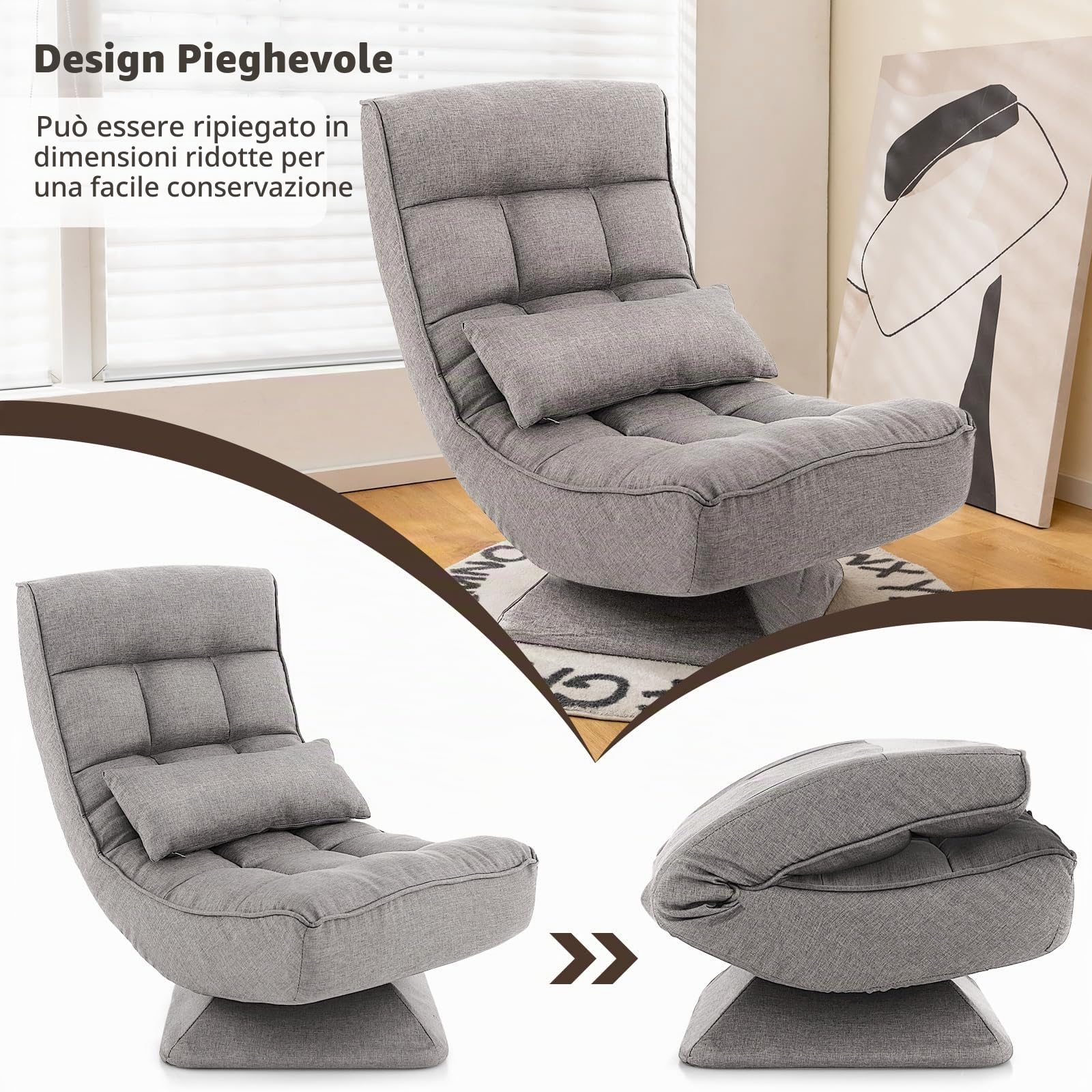 RELAX4LIFE Poltrona da Terra con Base Girevole, Poltrona Relax con Schienale Reclinabile in 4 posizioni, Adatta per Camera da Letto, Ufficio e Soggiorno (71-100 x 63 x 83-92,5 cm, Gray, 1)
