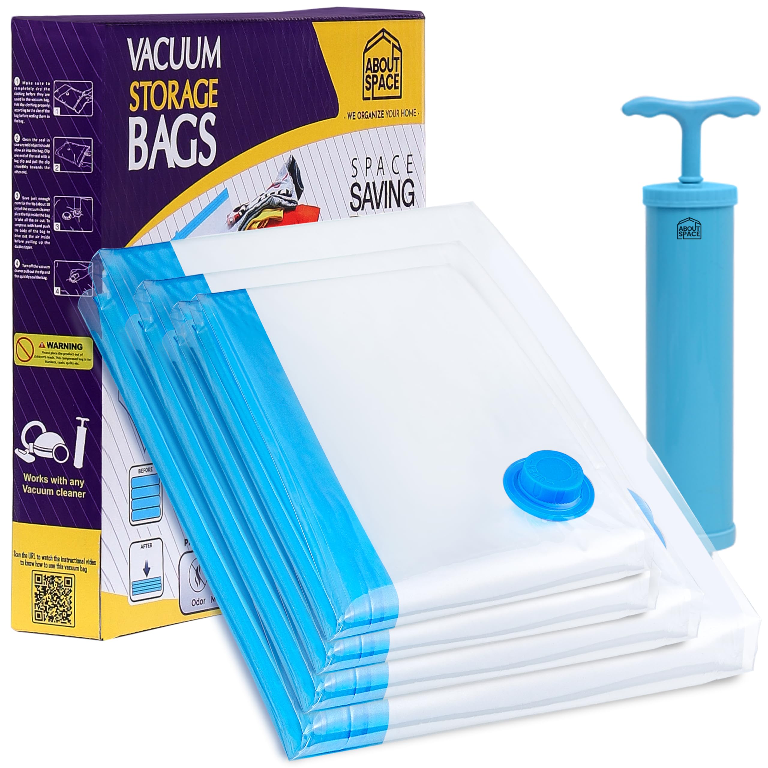 Polyethylene 4 Pack Vacuum Bags For Travel With Hand Pump,Airtight,Reusable Space Saver Compression Storage Bags For Packing,Sealer Bags With Ziplock For Comforters Blanket (Small), blue