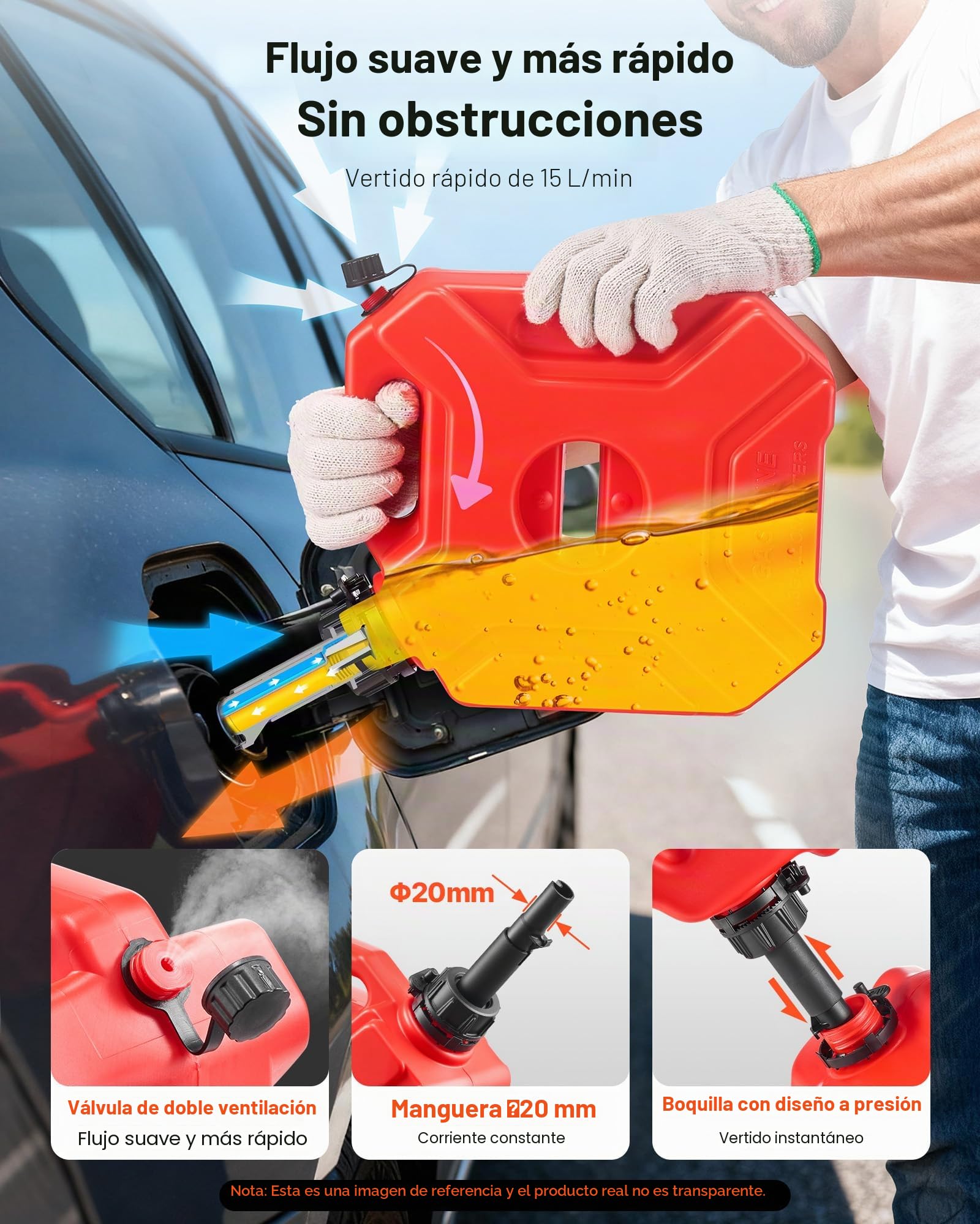 VEVOR Bidón de Gasolina de 5 L, Tanque de Combustible de HDPE y PP, con Pico y Cerradura, Caudal Máximo de 15 L/min, a Prueba de Fugas, para la Mayoría de Autos, Motocicletas, ATV, UTV, Rojo, 1 Pieza