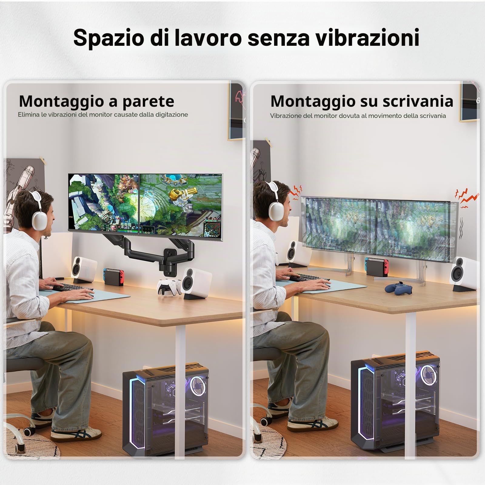 HUANUO Doppio Supporto a Parete per Schermi da 17 a 32 pollici, Supporto per Monitor a Parete con Pistone a Gas, Doppio Braccio per Monitor Supporto VESA 75/100 mm, capacità di carico 2-8kg