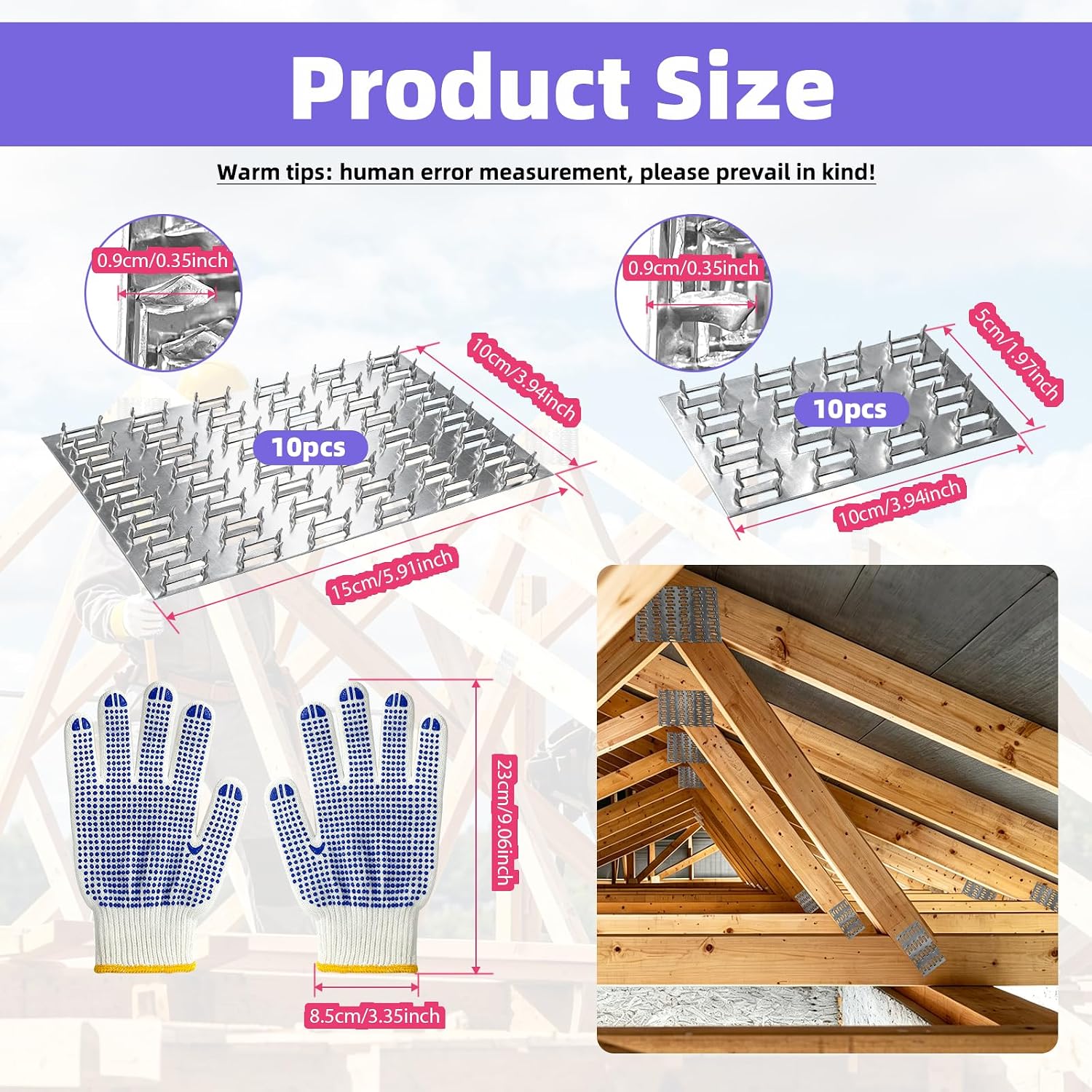 20 Pcs Pronged Truss Mending Plates Sat with Work Gloves | Galvanized Steel Pronged Truss Plates, 2 Sizes 2x4 and 4x5.9 Inch with 8mm Nail Teeth for Wood Roofing Connector