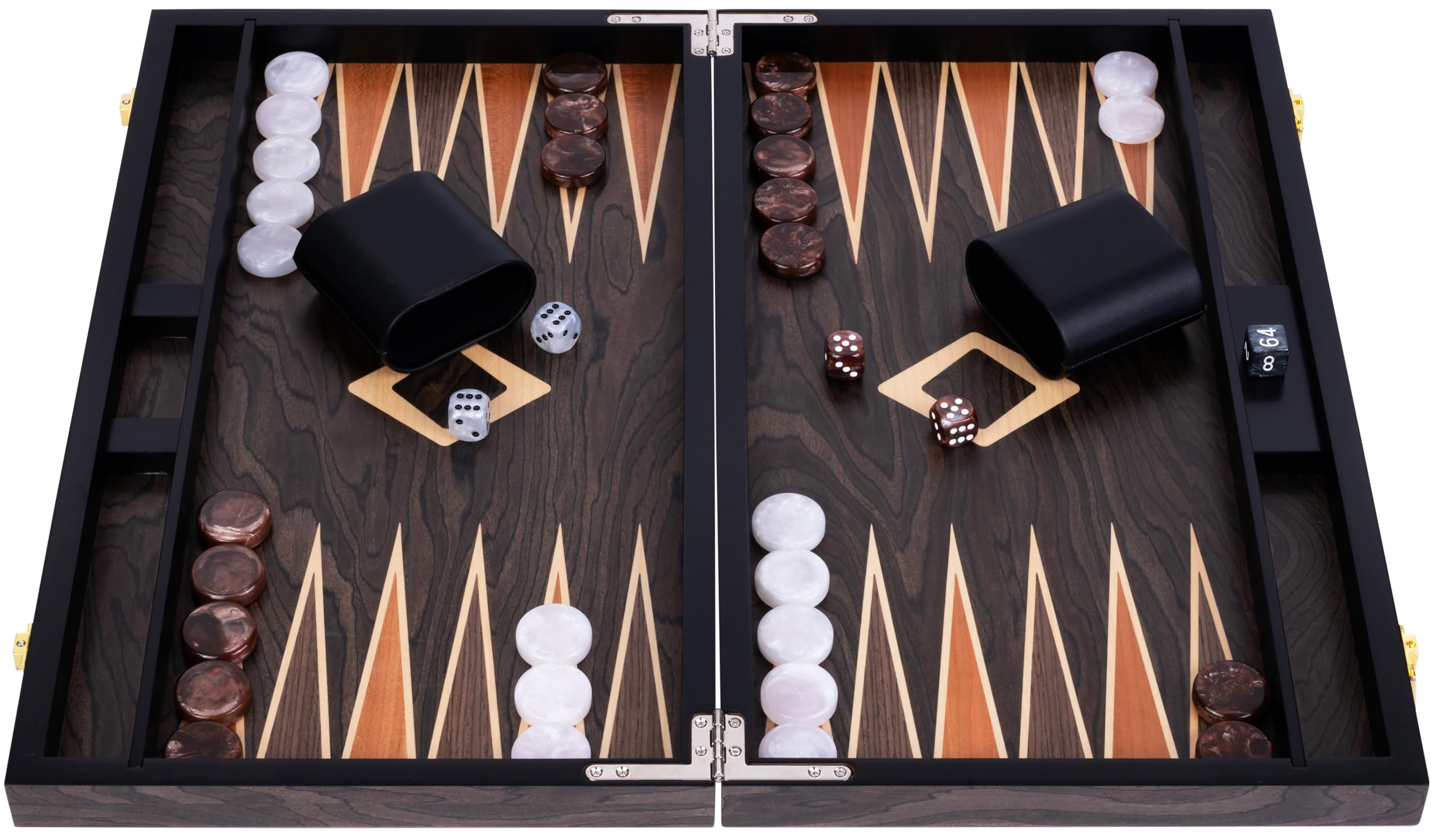 Engelhart - 250547 - Juego de Backgammon de Lujo 18” con Chapa de Nogal barnizada, Cierre metálico, Dados y fichas nacaradas, Vasos de Madera, 2 Jugadores, Reglas Incluidas, Desde 6 años
