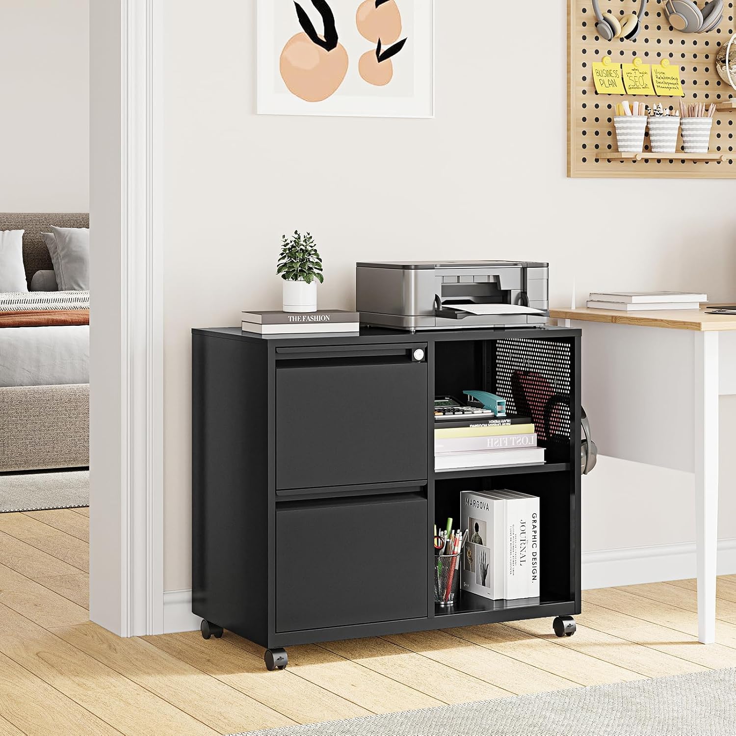 Storage Filing Cabinets Office Drawers Rolling File Cabinet Printer Stand Lateral Mobile Under Desk Organizer Lateral Filing Cabinet with Wheels Adjustable Shelves Printer Table for Home Office Black