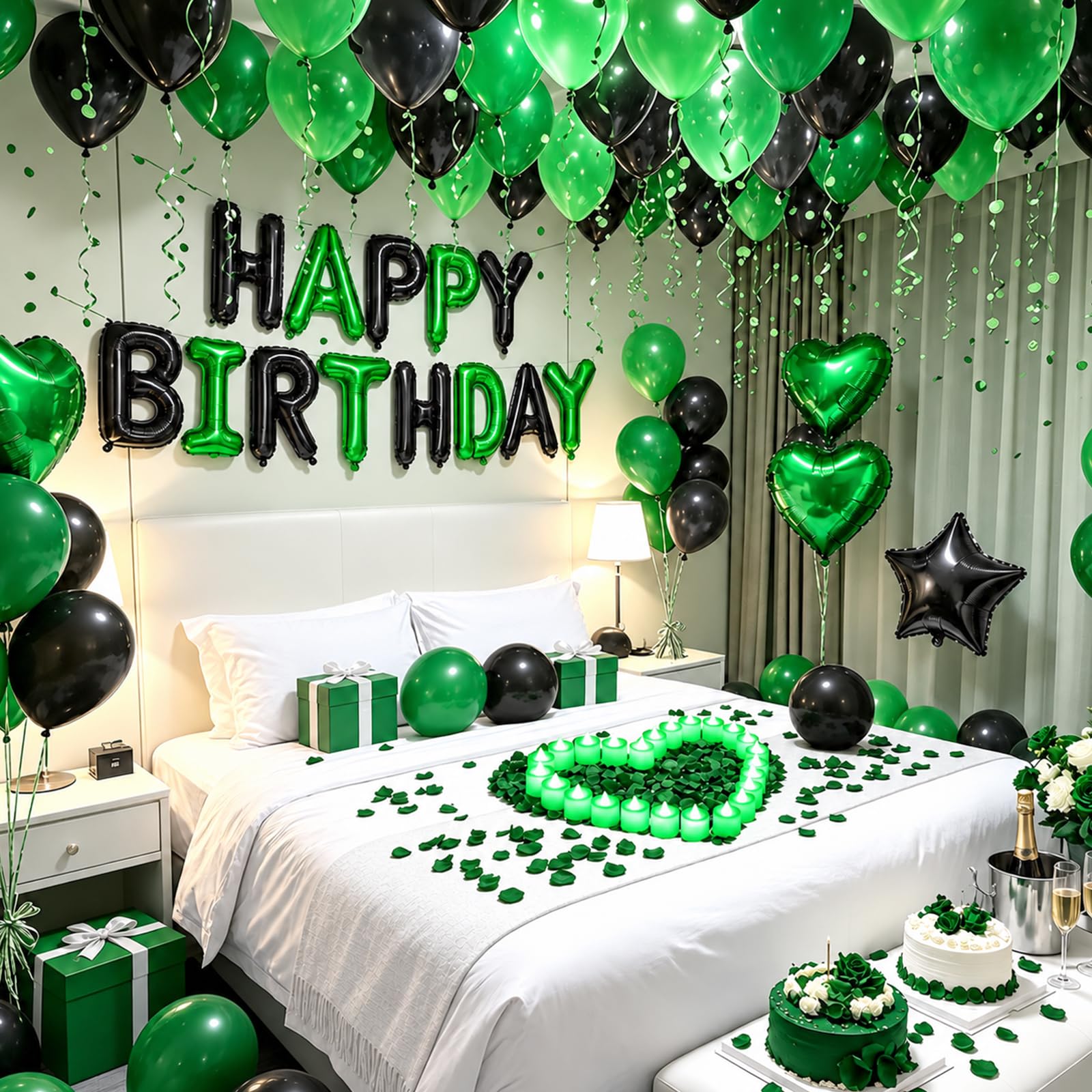 Ballons décoratifs « Happy Birthday » verts et noirs - Bannière de ballons d'anniversaire avec étoiles et cœurs - 1 000 pétales de rose artificiels - 24 bougies LED sans flamme pour fête