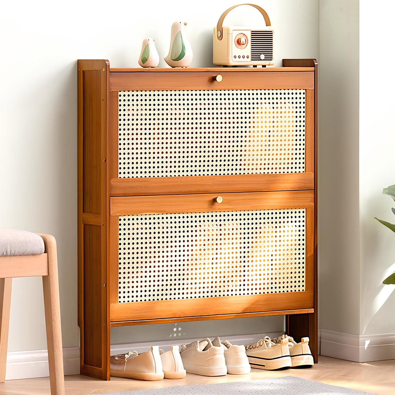 Bamboo Shoe Cabinet with Flip Doors Slim Design Shoe Storage Rack for Entryway or Living Room 2/3 Tier Narrow Shoe nizer Free Standing Shoe Rack (B2 Doors 70cm/27in)