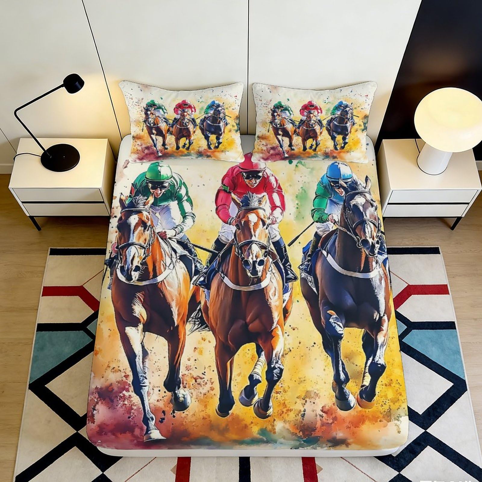 3D Printed Horse Racing Fitted Sheet Microfiber Vibrant Jockey Bed Cover for Bedroom Guest Room Mattress Decor 90x200x25cm