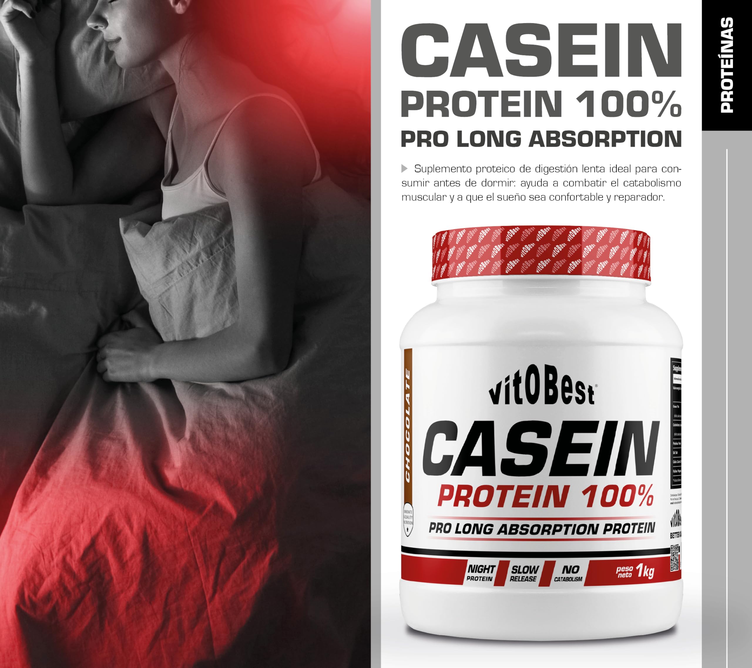 VITOBEST Casein Protein 100% Proteínas Suplemento Chocolate 1 kg