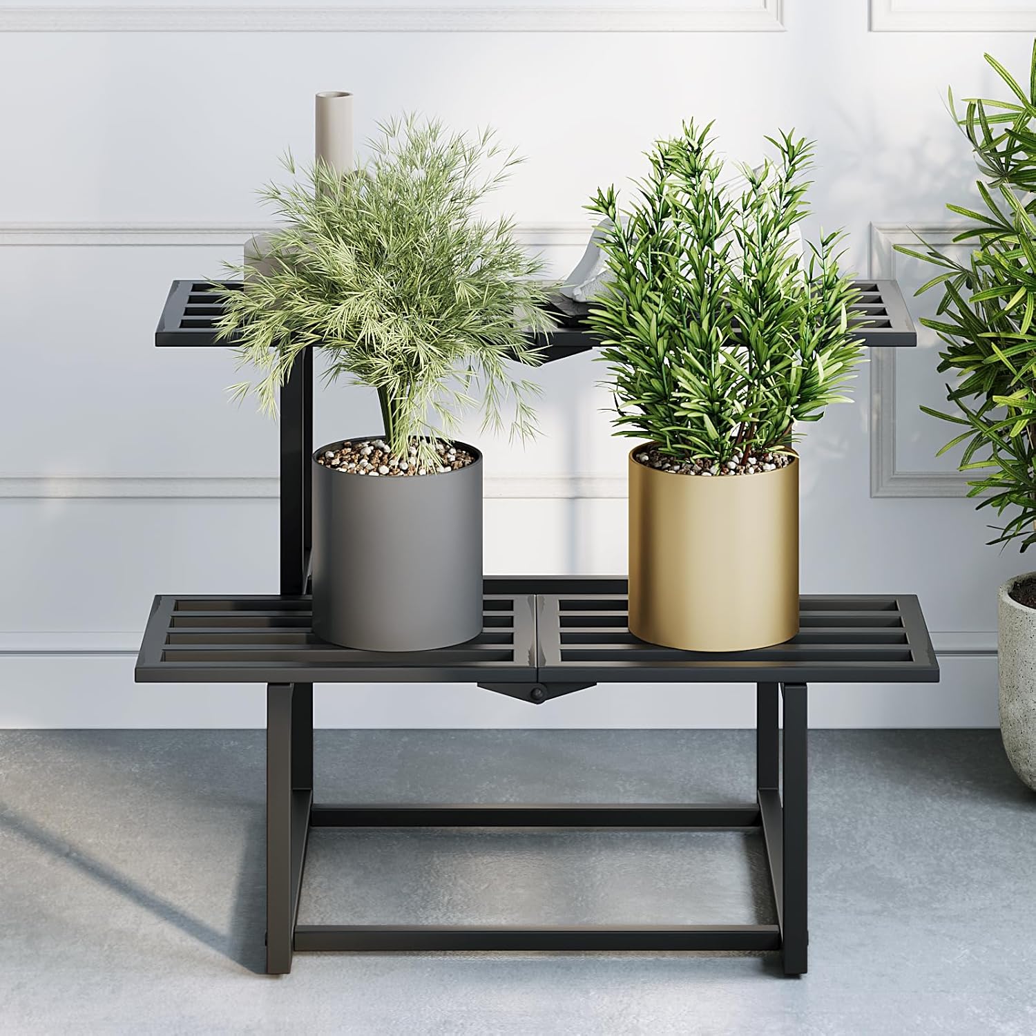 Plant Stand Indoor Outdoor, Foldable Metal Plant Shelf for Multiple Pots, Mid Century Slatted Bench for Patio Garden, Heavy Duty Capacity 330 lbs 2 Tier Black