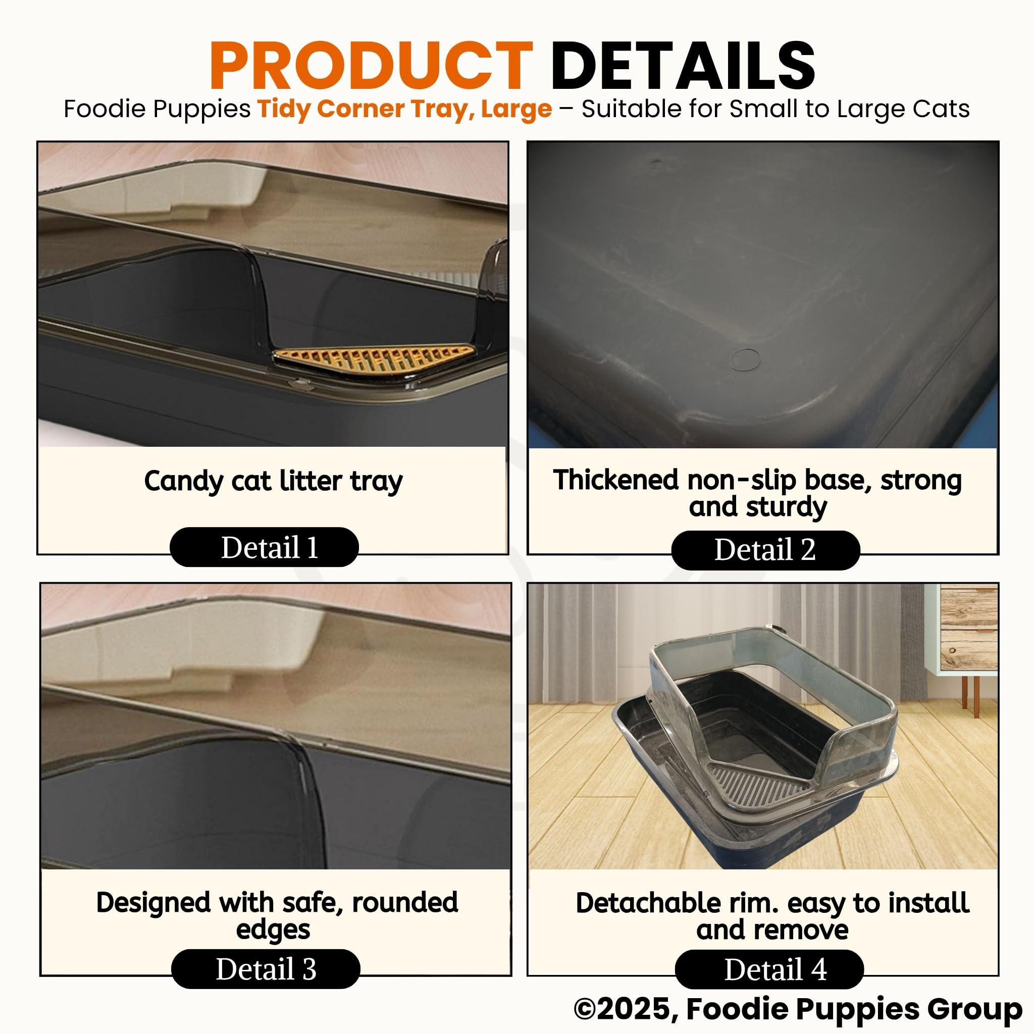 Foodie Puppies Litter Tray for Small to Large Cats - (Tidy Corner Tray, Large) (61 x 41 x 25 cm) | Basic Cat Tray with Free Litter Scooper, Semi Enclosed, Bedpan Potty, Toilet Training (Black) 3