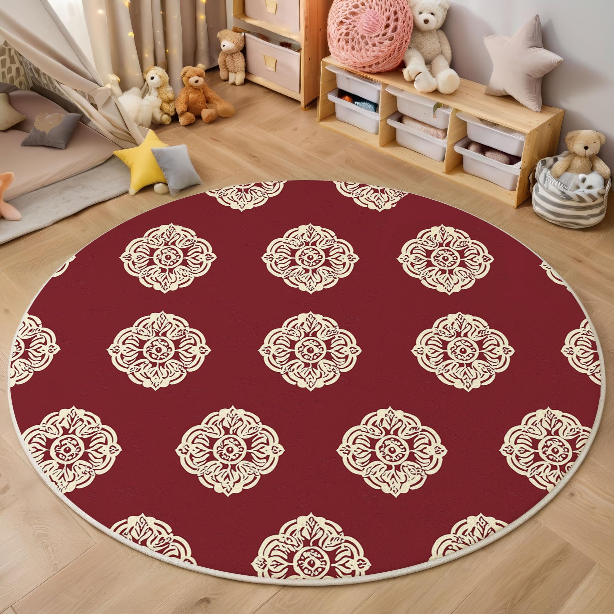 Tapis Rond 120cm, Microfibre Douce Tapis Circulaire Ethnique Art, Moquette Salon Chambre, Imprimés Symétrie Mandala Antidérapant Lavable Moquette de Décoration, Bordeaux