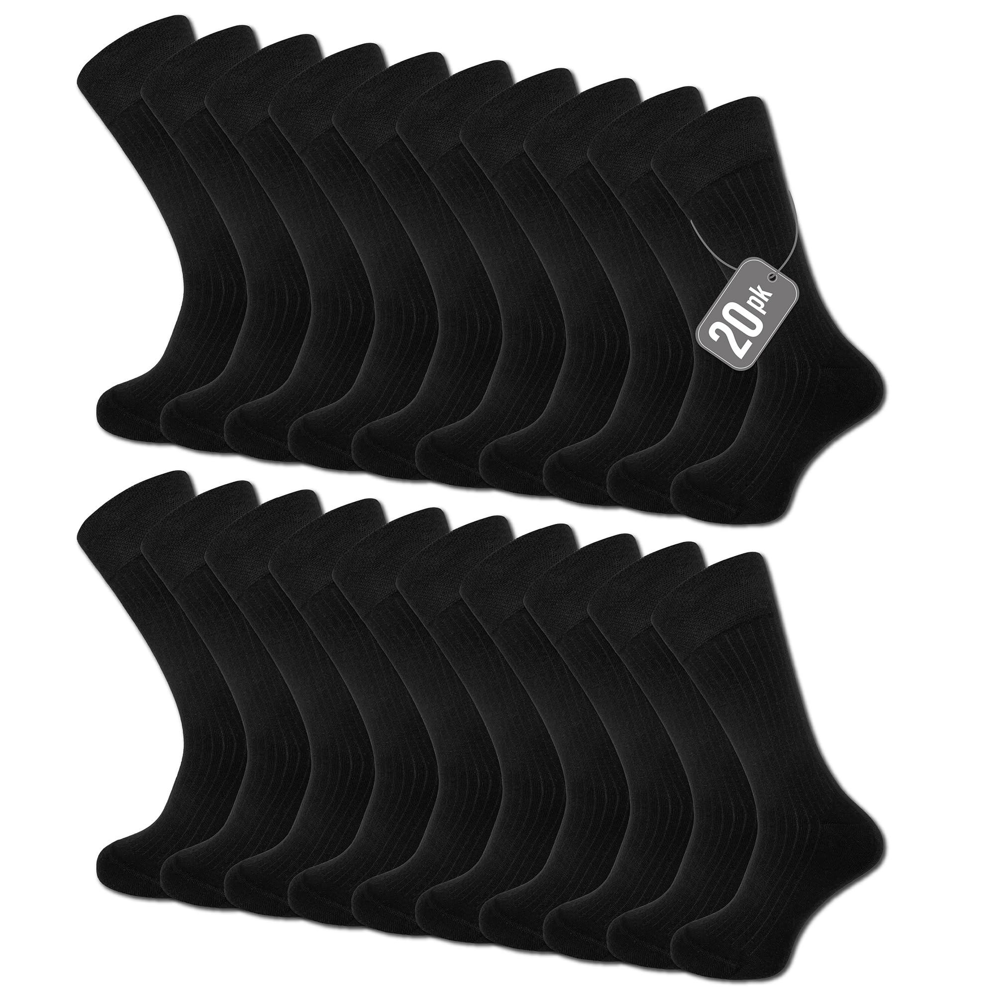 The Essentials Wardrobe Mens Socks 20 Pack Cotton Rich Ribbed Socks Breathable Flat Toe Seam Comfort Grip Top Elastane Stretch Elasticated Rib Leg Work & Casual Wear Black Multipack Socks