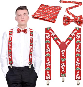 Jiuguva 3 Pcs Christmas Men Suspenders Candy Cane Bow Tie with Pocket Square Set Adjustable Candy Cane Suspenders