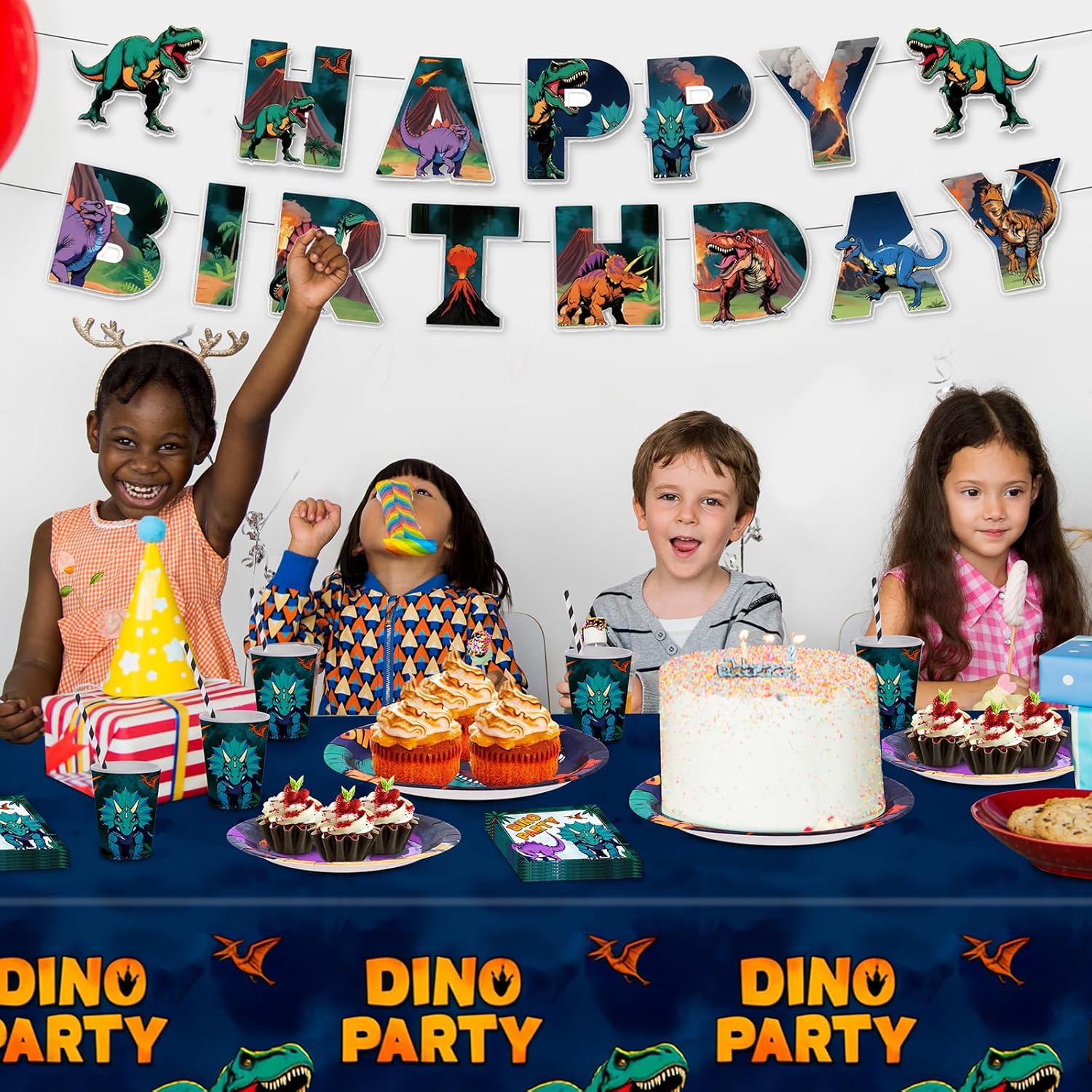 202 Pcs Dinosaur Birthday Party Supplies for 25 Guests – Complete Dino Tableware Set with Plates, Cups, Napkins, Cutlery, Straws & Tablecloth plus Bonus Checkers Game Party Decorations