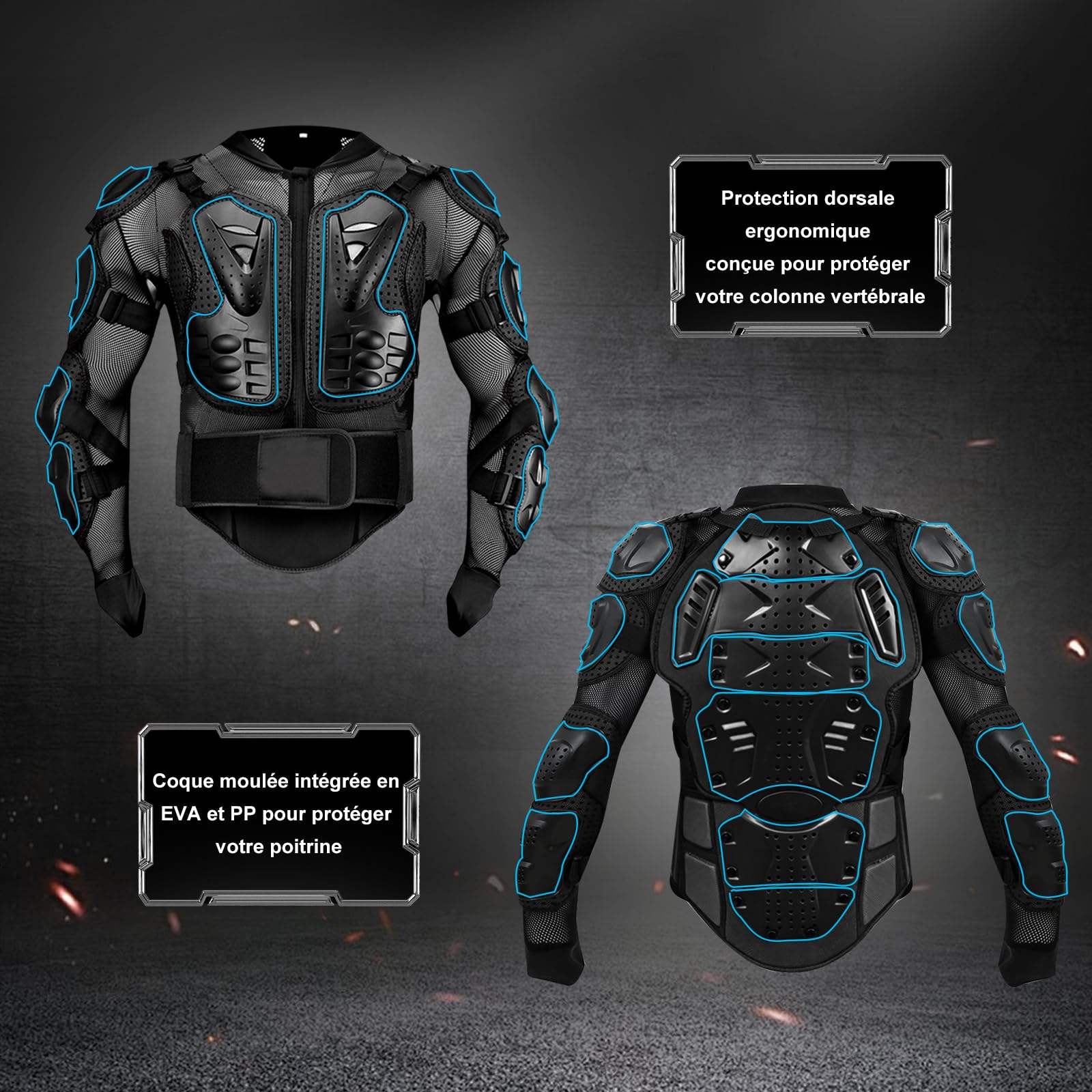 Veste de Protection Moto Pro, Gilet de Protection Moto avec Protection Dorsale Moto, Blouson Moto Respirant pour Homme et Femme, Scooter VTT Enduro