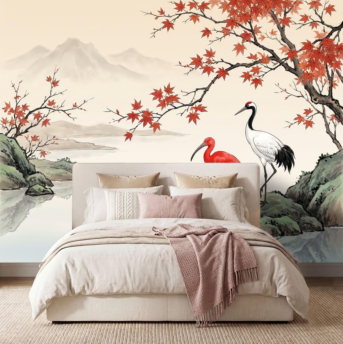 Tradycyjna japońska tapeta panoramiczna - Dekoracja ścienna XXL Żuraw Liść Derable Mountains Riviere - Mural Tapeta z włókniny do sypialni salonu biura - Fototapeta 350 x 256 cm