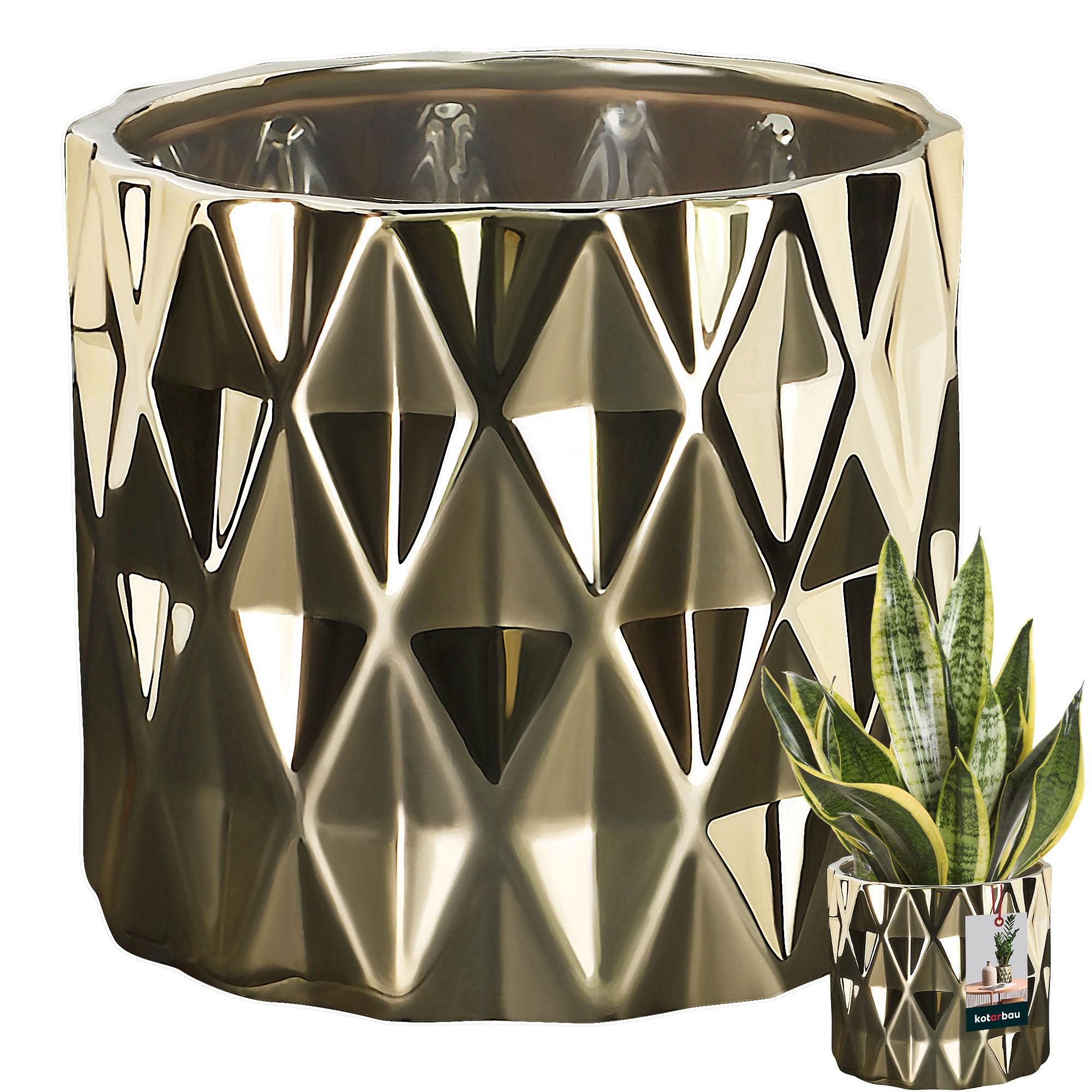 Kotarbau Gold,Silver Kotarbau® Ceramic Flower Pot Planter Glazed Gold Cylindrical Shape Indoor Diameter 120 Mm