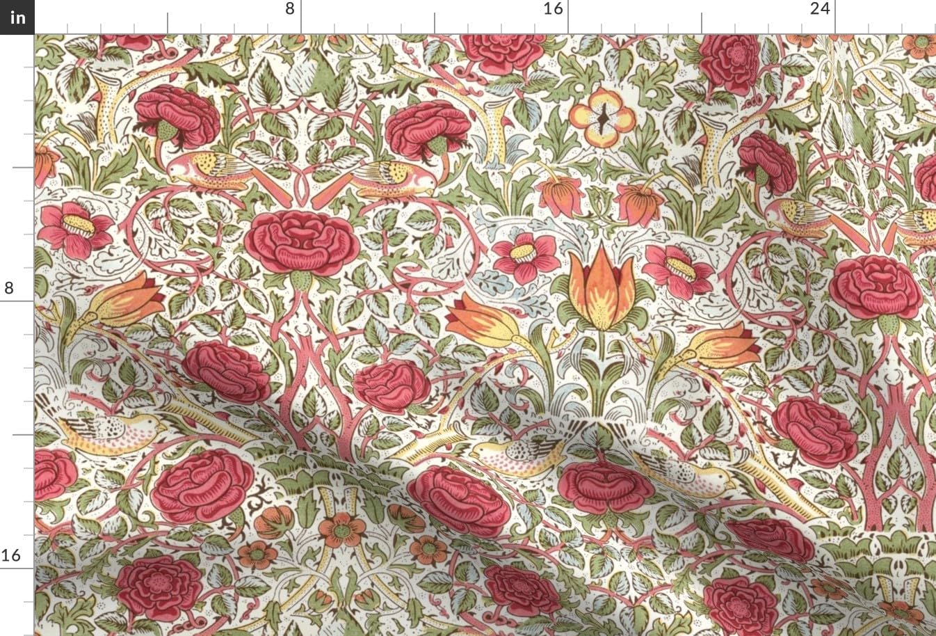 Spoonflower Fabric - Victorian Birds Arts and Crafts William Morris Vintage Floral Printed on Chiffon Fabric Fat Quarter - Upholstery Home Decor Bottomweight Apparel