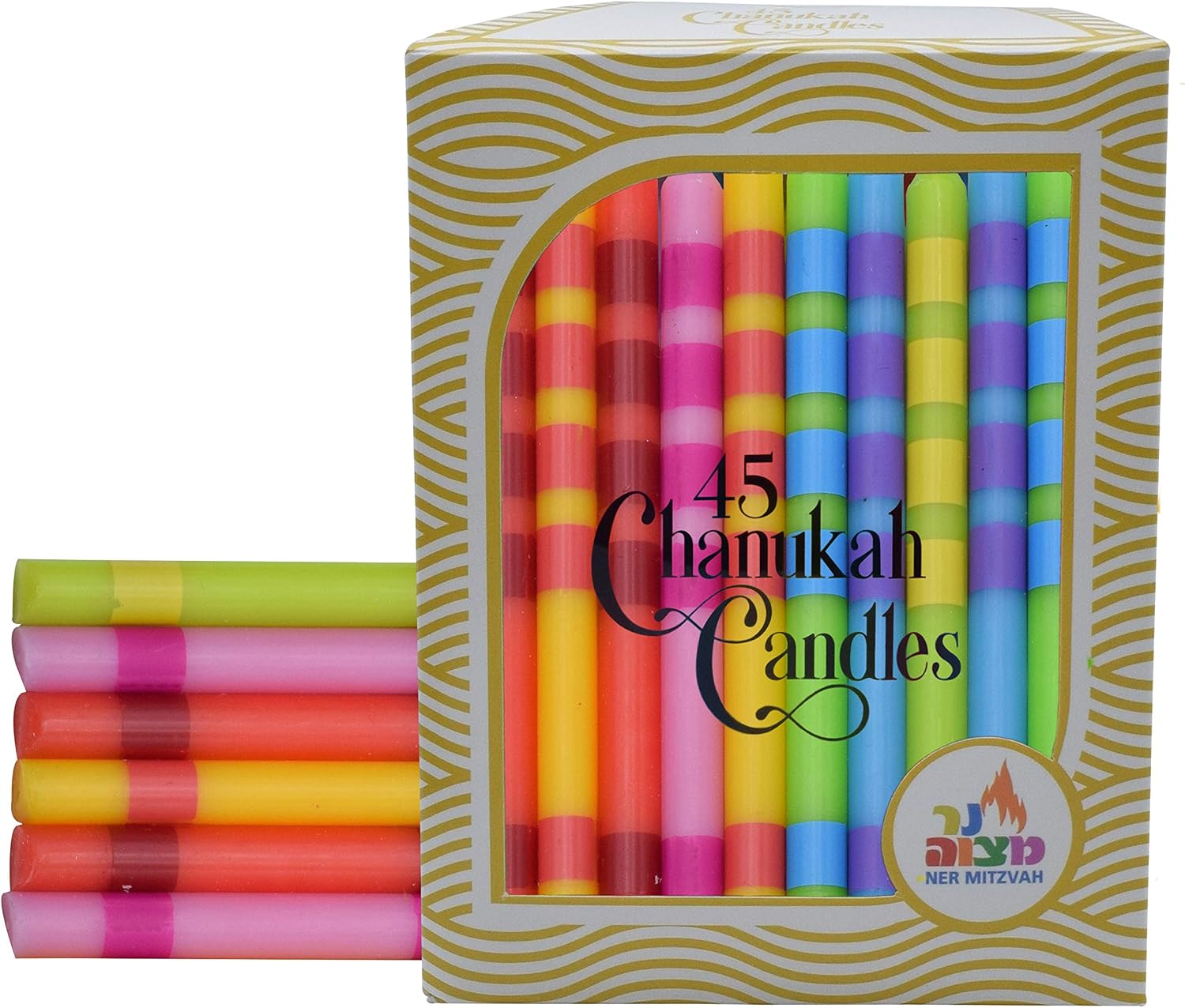 Dripless Chanukah Candles Standard Size - Two Tone Multi Colored Hanukkah Candles Fits Most Menorahs - Premium Quality Wax - 45 Count for All 8 Nights of Hanukkah - by Ner Mitzvah