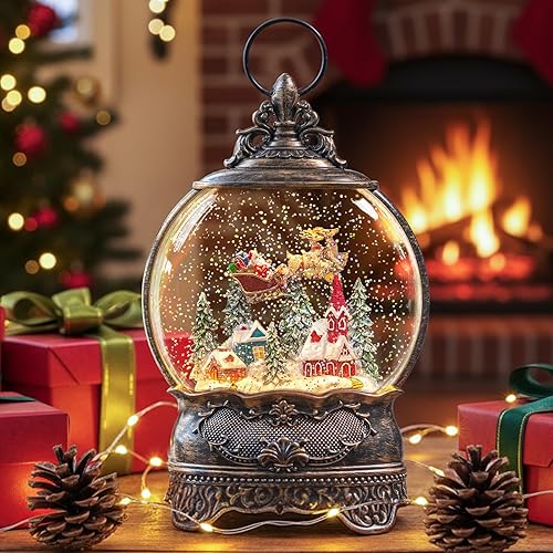 Linterna de globo de nieve de Navidad con trineo de Papá Noel, escena voladora de coche, linterna de agua intermitente musical, USB y batería