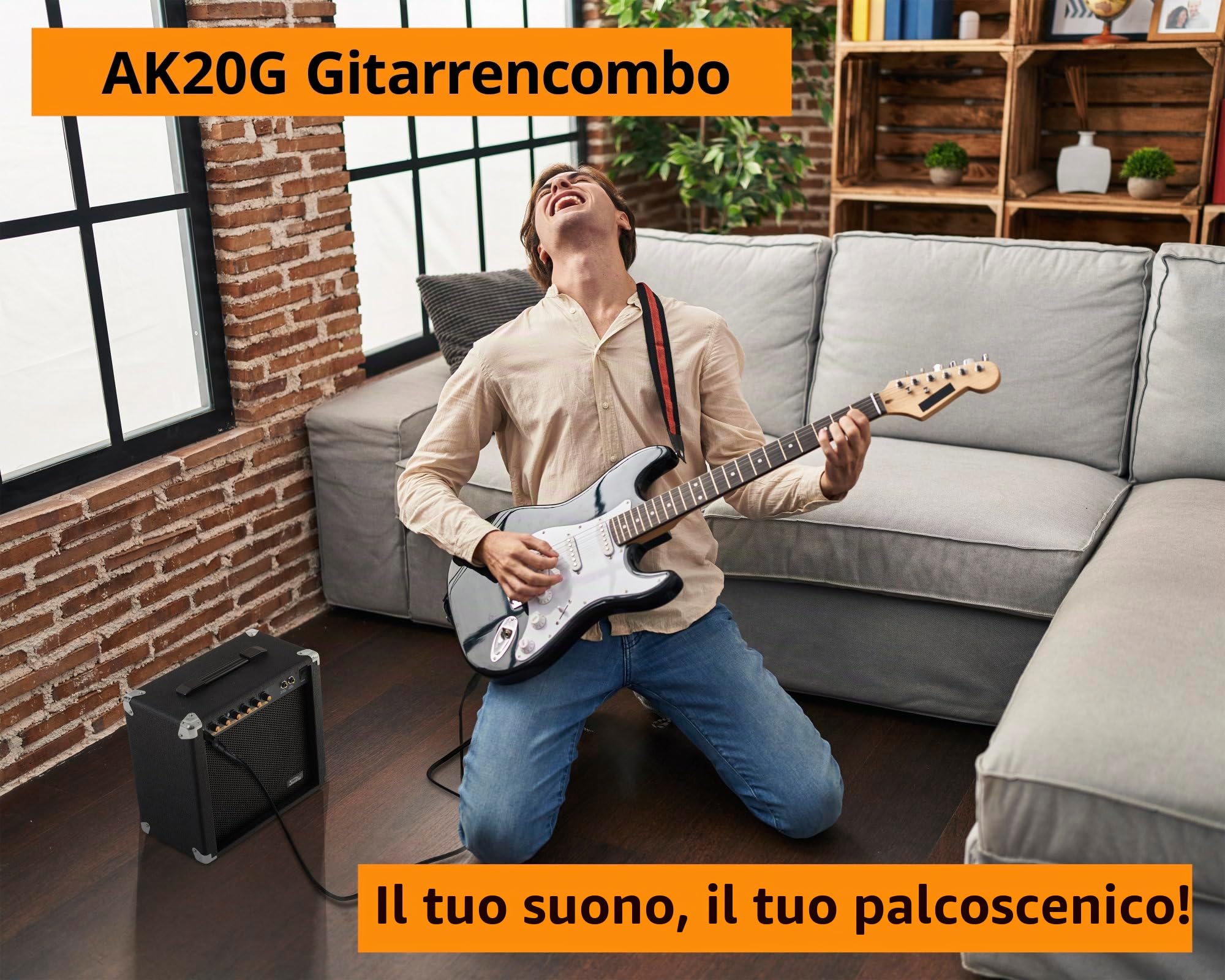 Soundking AK20-G Amplificatore per Chitarra, 2 Canali (Clean & Overdrive) | Potenza: 60 Watt (Peak Power), Speaker 8", Controlli: Gain, Canale, Treble, Middle, Bass, 2x Volume, Uscita cuffie jack 6