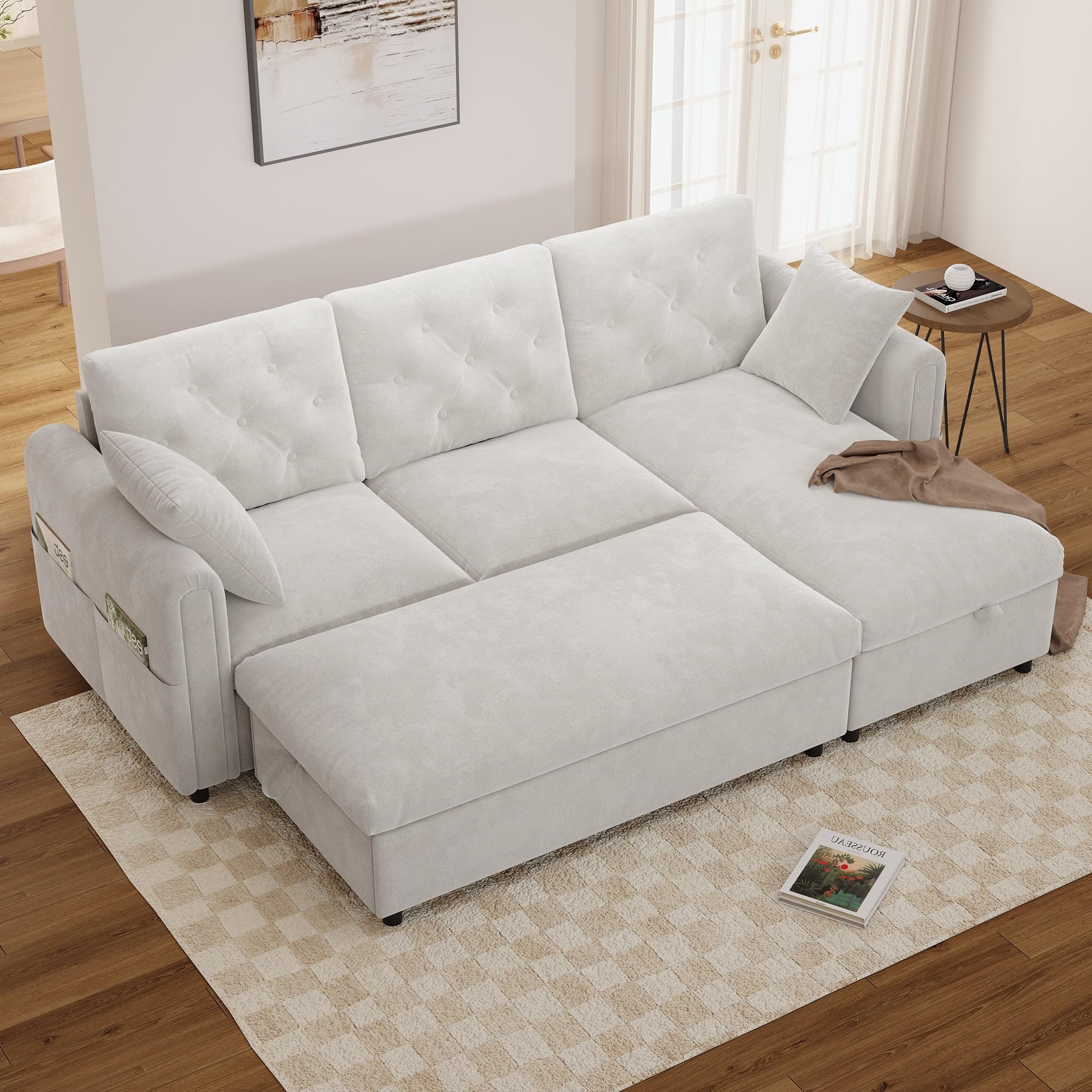 Moimhear Sofá de terciopelo con chaise longue intercambiable, color beige, 219 x 131 x 86 cm, reposapiés, bolsillos para revistas, cierre con botones