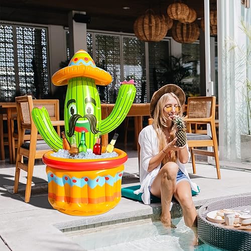 Miniatura 2 de PARENTSWELL Enfriador de bebidas de 47.5 pulgadas para fiestas, paquete de 2 cubos inflables de cactus para barbacoa, suministros de despedida de
