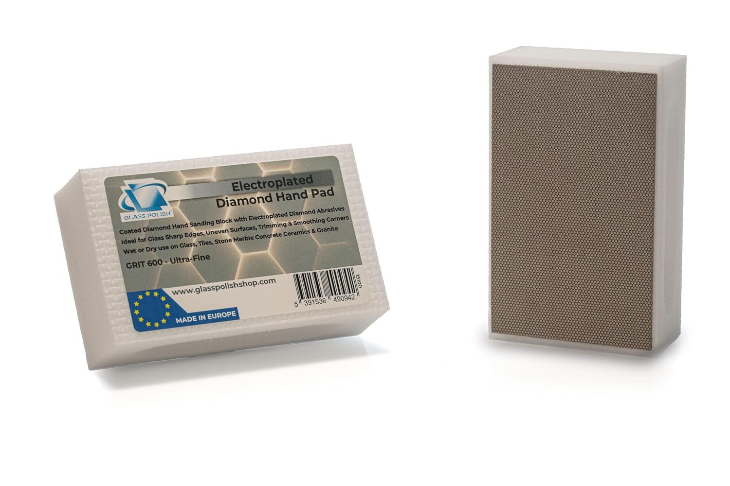 Glass Polish (Grit 600) Pack of 2 PRO Diamond Hand Pad Sanding Block for Smoothing, Edging and Polishing - 3.74” x 2.16” (95x 55mm) - GP15100