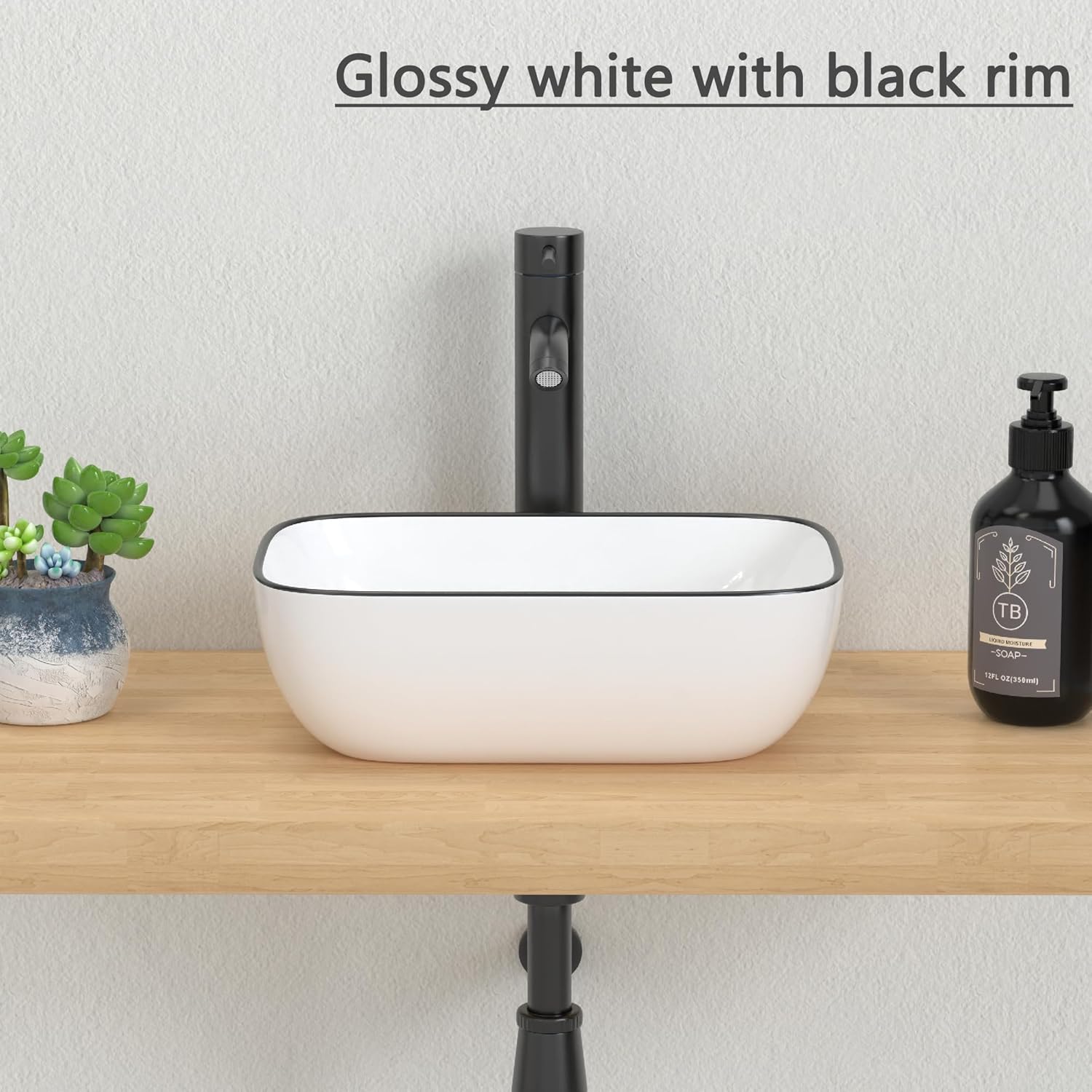 J-FAMILY 14.5インチ x 10インチ バスルーム 小型シンクカウンター上 白磁セラミックシンクボウル ブラックリム 小さ