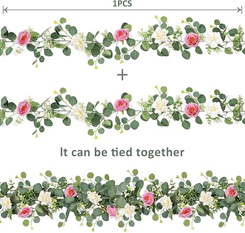 Miniatura 39 de TOCHGREEN 4 Pack 24Ft Artificial Eucalyptus Flower Garland with Champagne Roses, Fake Rose Flower Greenery Garland Floral Vines for Wedding Home
