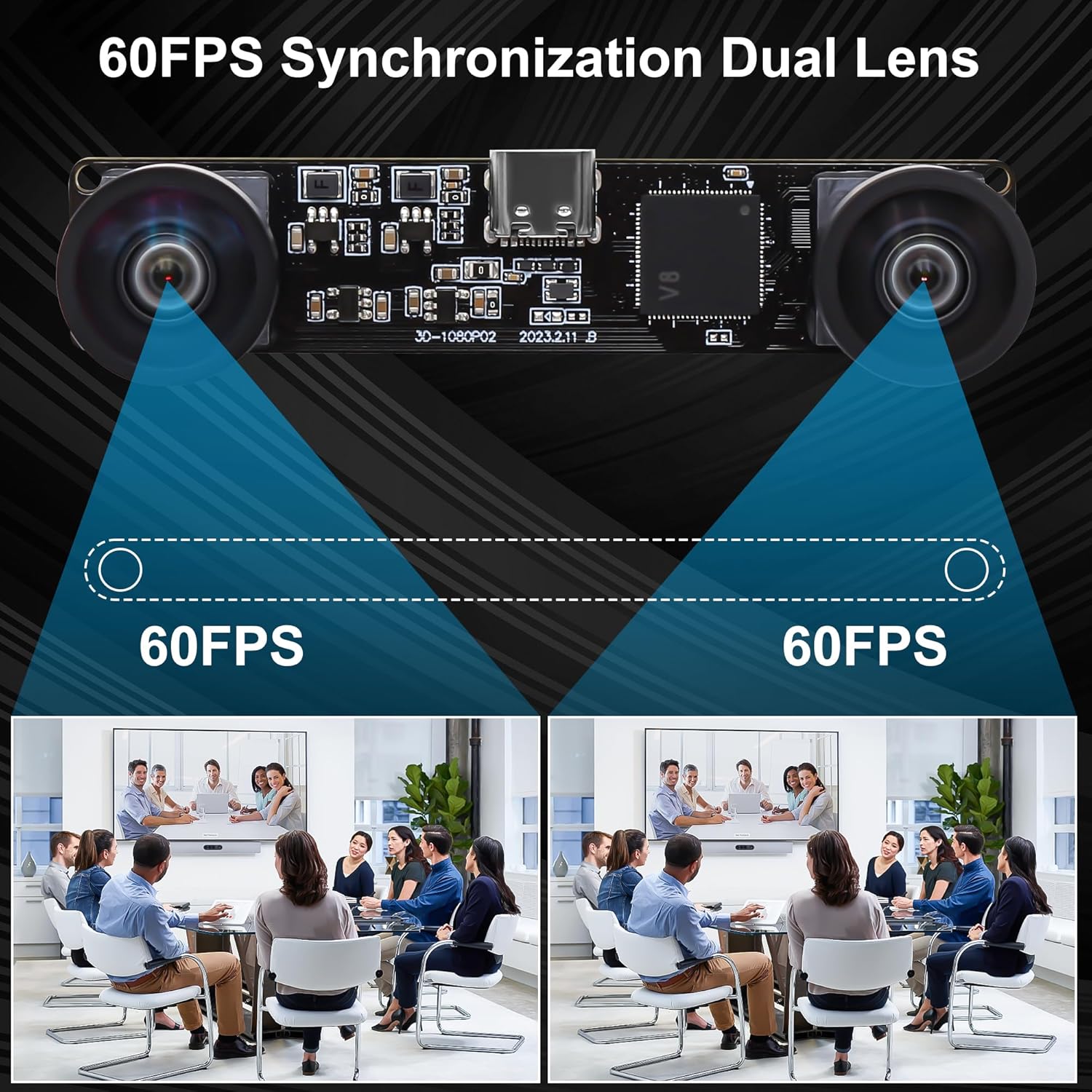 60fps USB Camera 4MP Synchronization Webcam Module with 120Degree No Distortion Dual Lens 3840X1080P 3D Stereo Webcam for PC Computer Cam for Face Recognition VR Biometric Detection