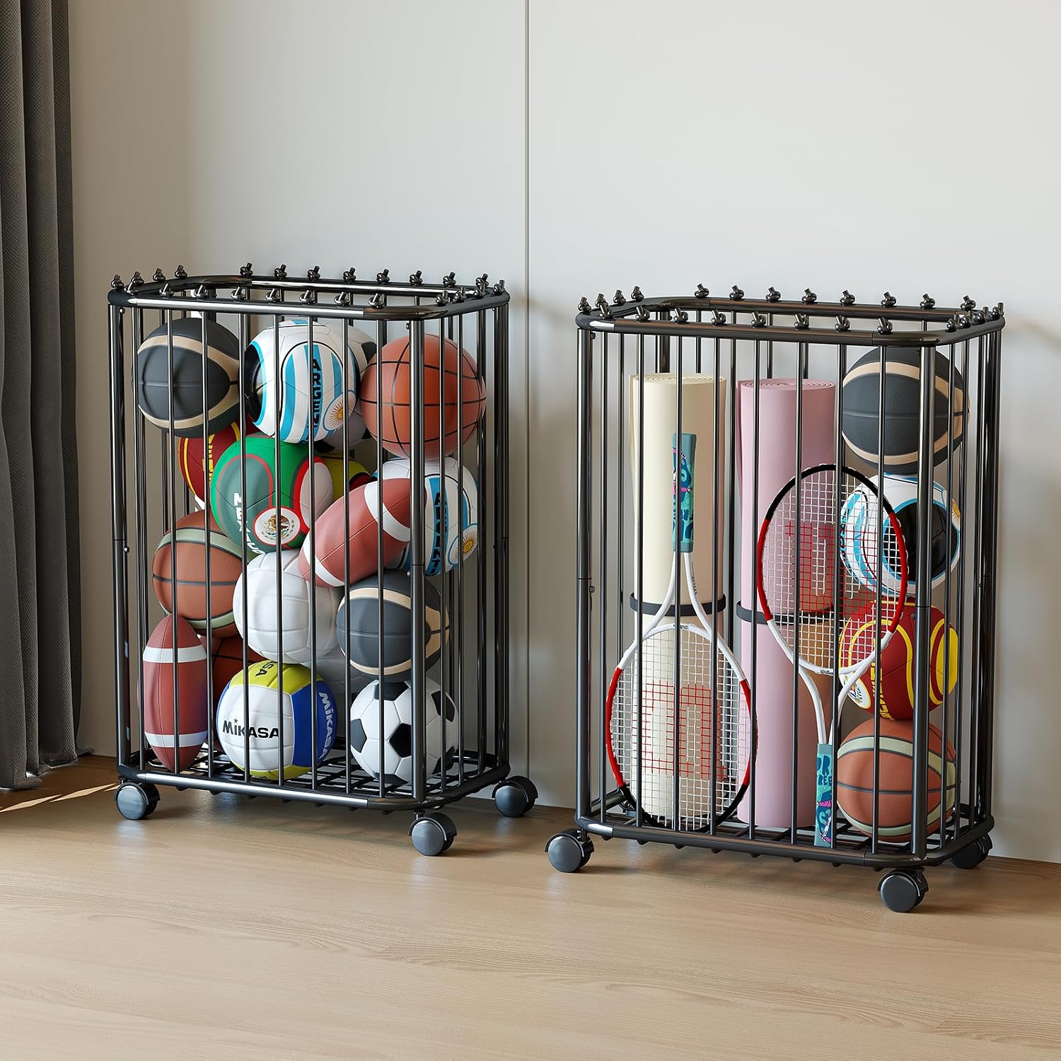 Garage Ball Storage Rack, Metal Sports Equipment Organizer, Black | Tall Cage Design, Elastic Rope Access, 360° Lockable Casters, Strong Load Capacity, Indoor Use, Space Saving, Easy Retrieval